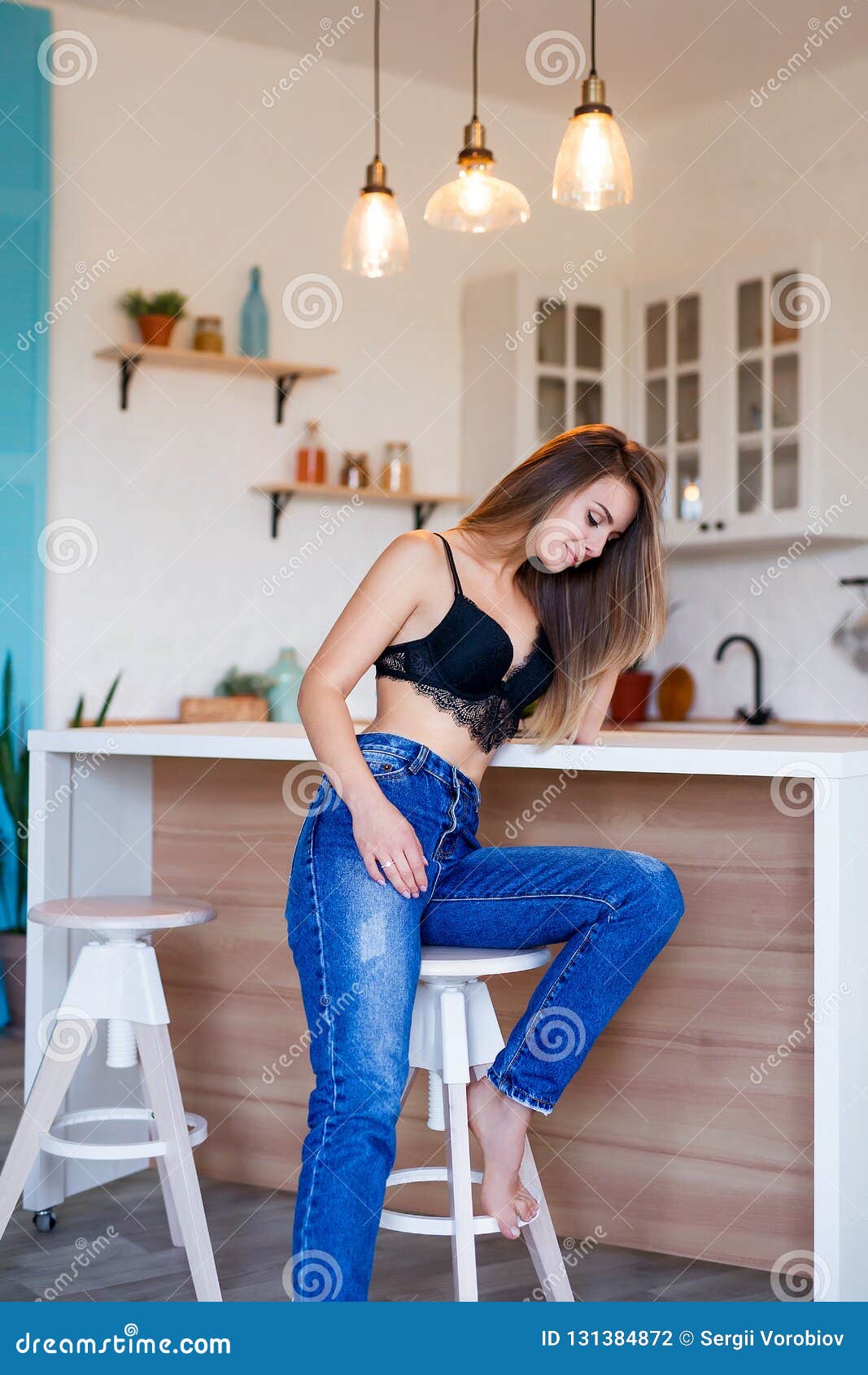 Beautiful Lady Posing at Home in Elegant Black Bra and Jeans. Fashion  Portrait of Model Indoors Stock Photo - Image of indoor, bedroom: 131384872