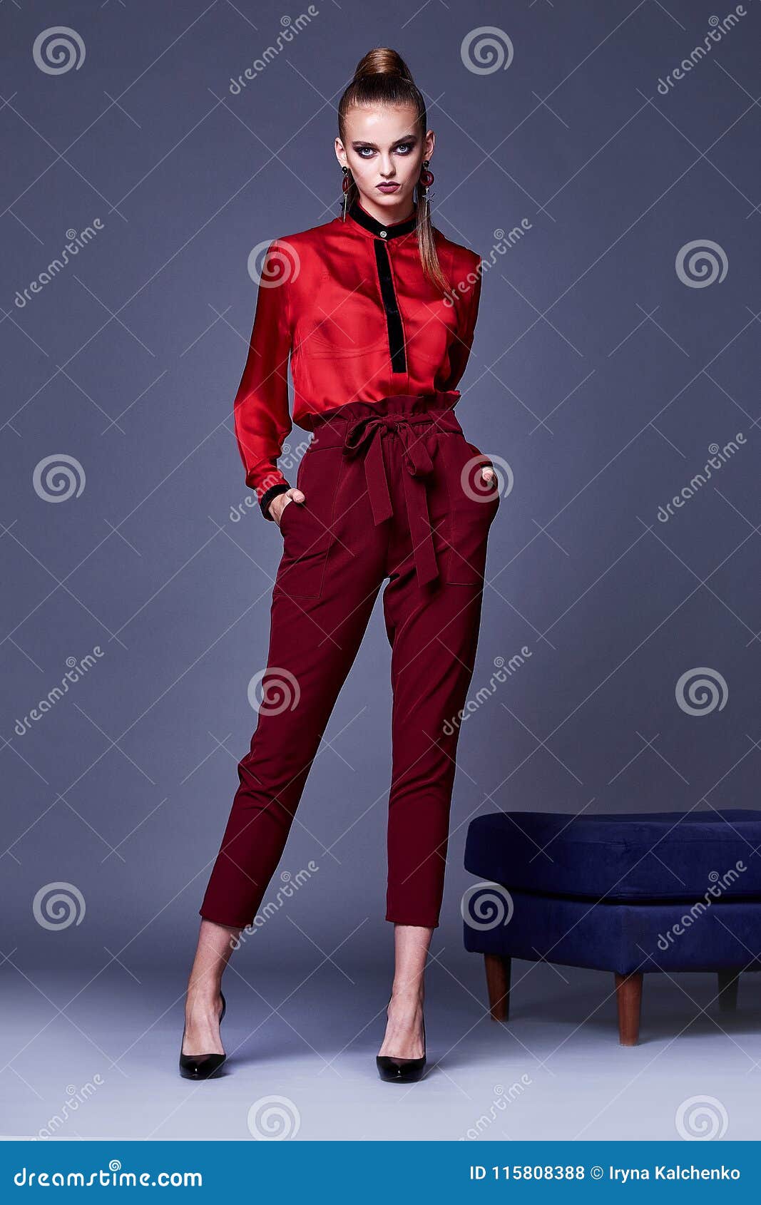 Beautiful Pretty Woman Wear Red Silk Blouse and Pants Skinn Stock Photo ...