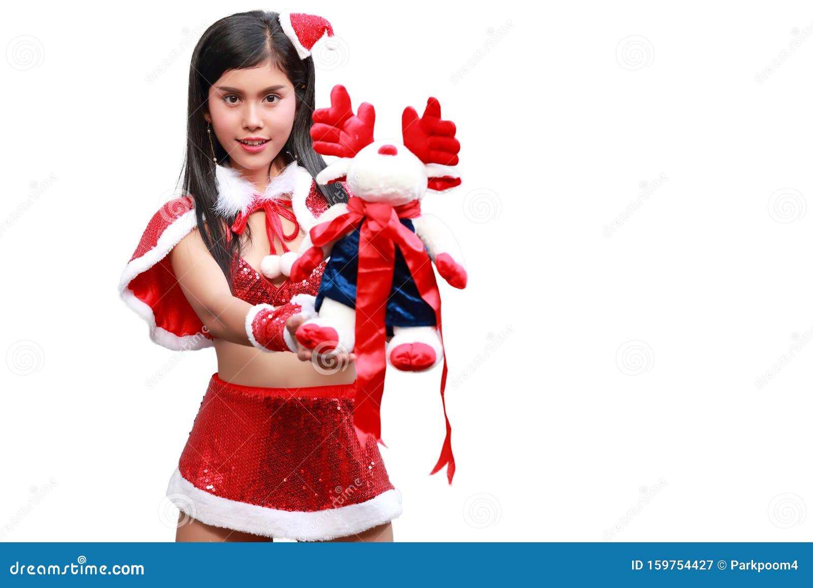 Beautiful And Santa Girl With Christmas Ts On Hands Isolated And