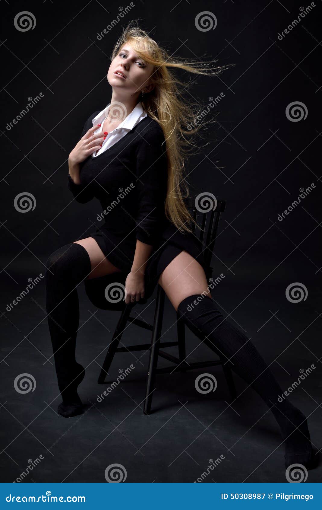 Beautiful Woman in Black Dress and Stockings Stock Image - Image