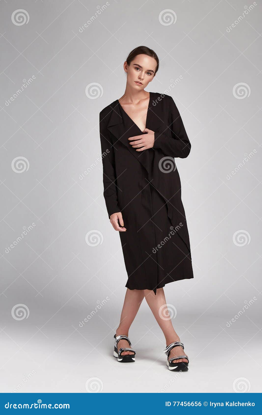 Beautiful Woman Brunette Long Hair Wear Black Silk Dress Stock Photo -  Image Of Hair, Jewelry: 77456656