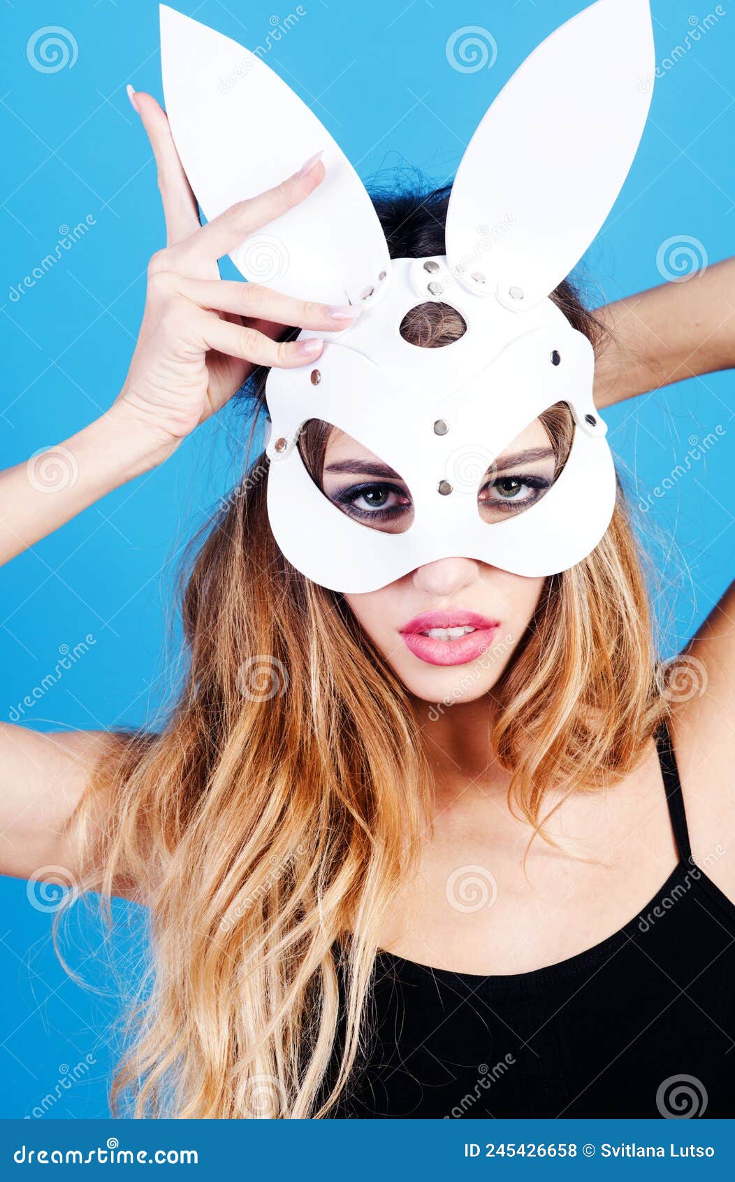 Beautiful Woman In Carnival Easter Rabbit Mask Sensual Girl In White