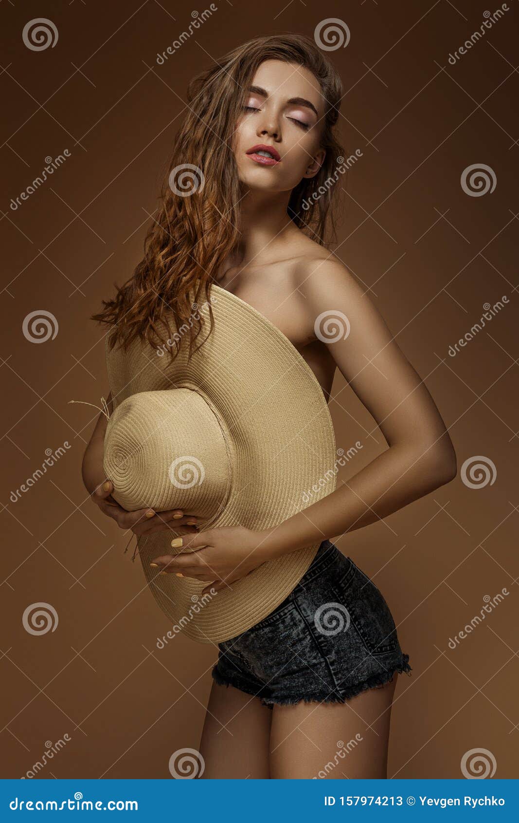 Beautiful Woman with Sun Hat Stock Image - Image of model, bare: 157974213