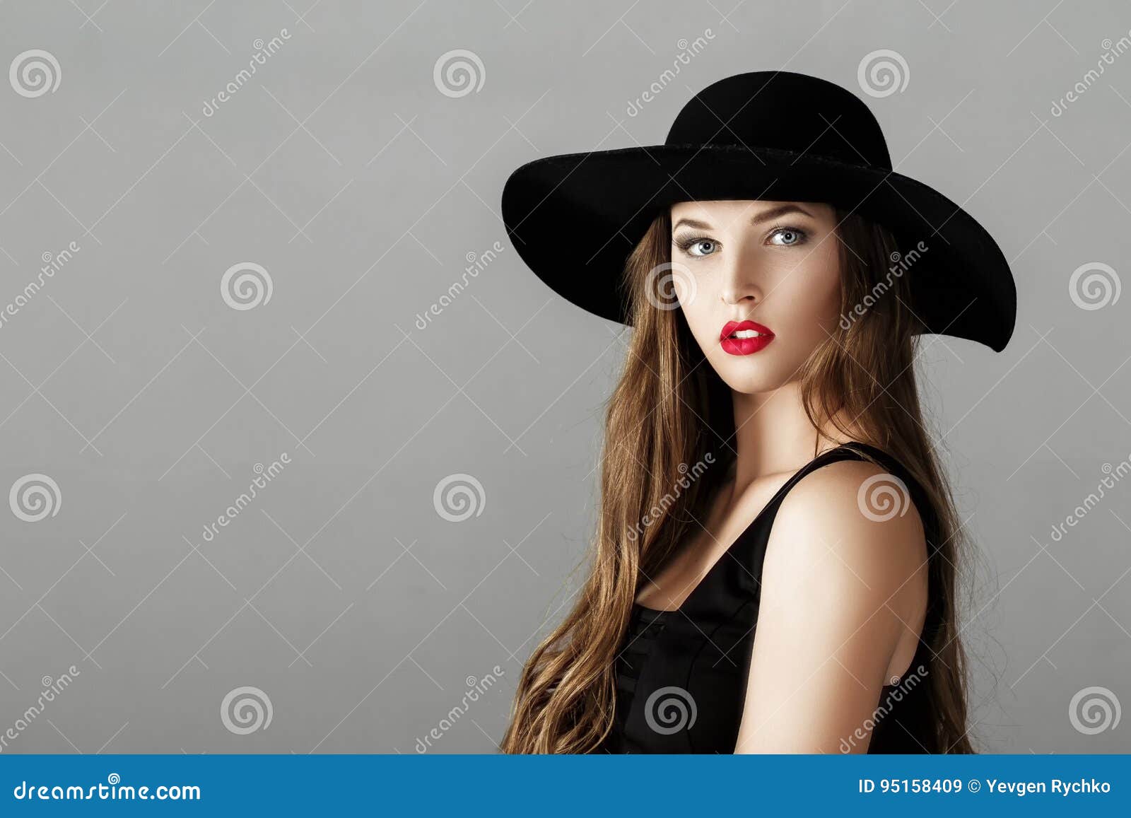 Beautiful Woman with Red Lipstick in Black Hat Stock Image - Image of ...