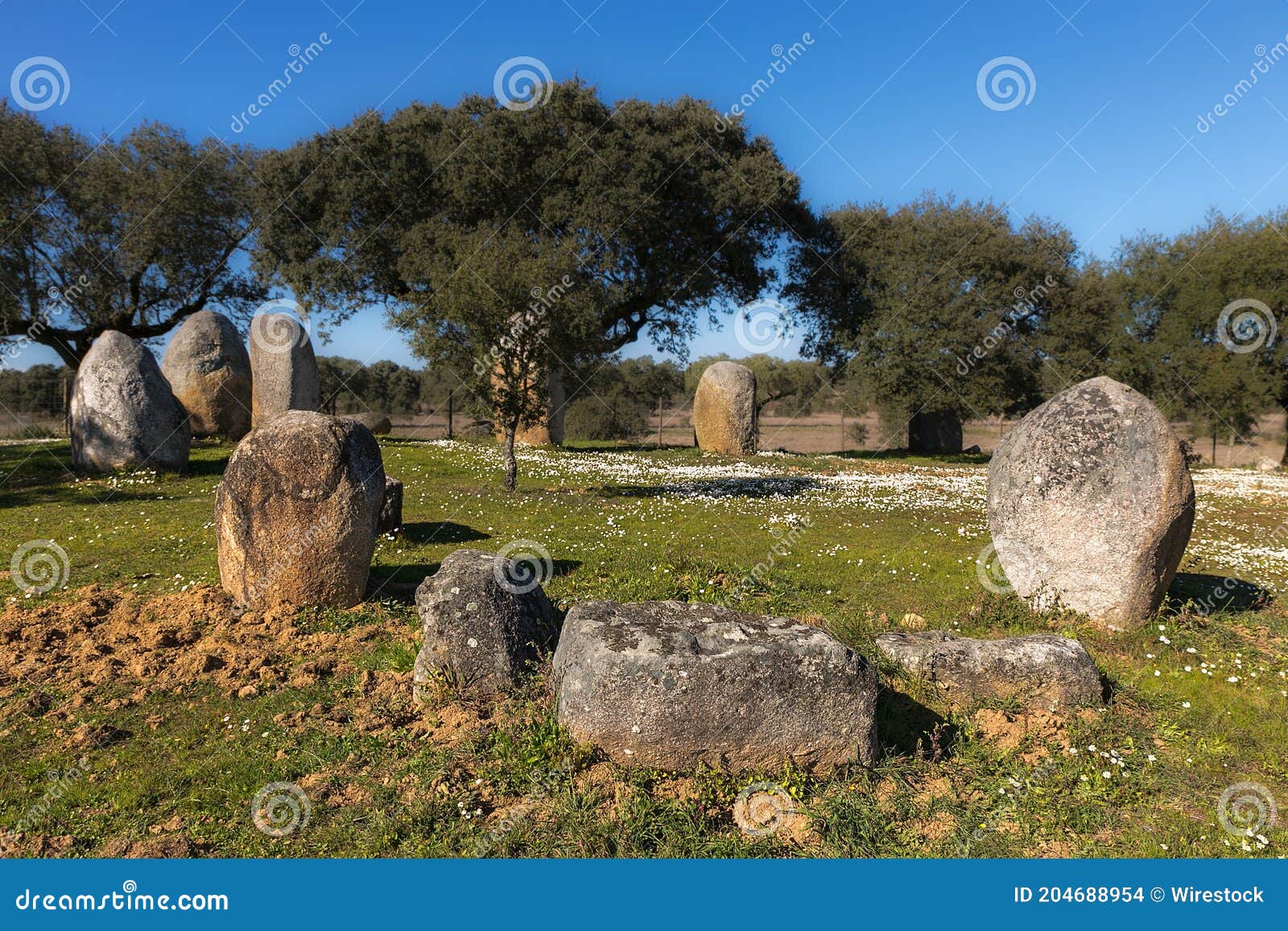 beautiful shot of the megalithic stone circle in vale maria do meio cromlech in evora, portugal