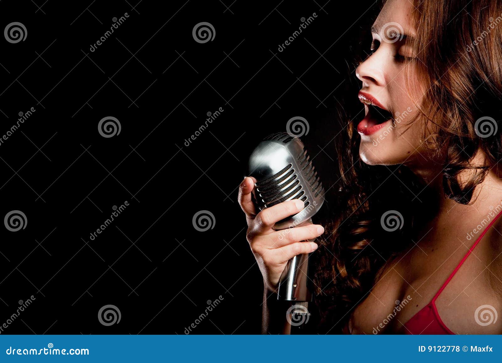 Beautiful Singer Singing with Microphone Stock Photo Image of dark