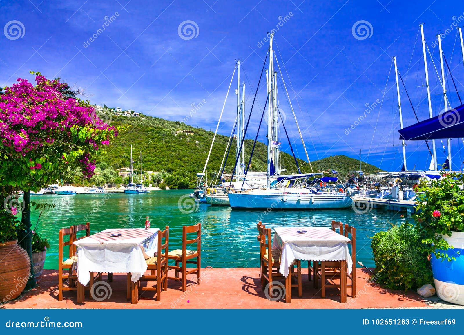 Traditional Greek Restaurants Near the Sea. Sivota Fishing Villa Stock ...