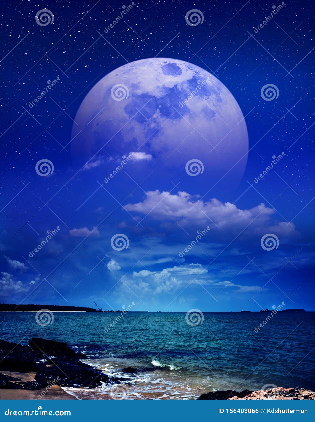 beautiful sky with super moon behind partial cloudy over seascape. serenity nature background