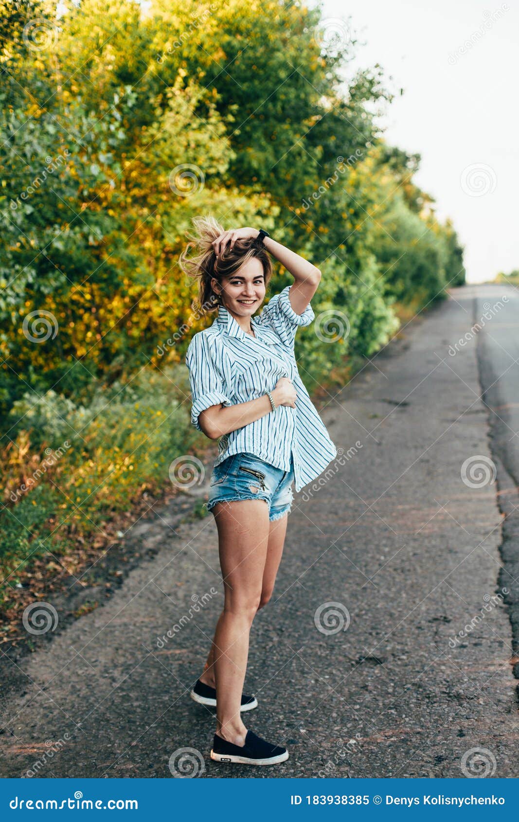 Beautiful Girl Hitchhiking On The Track In A Man`s Shirt Stock Image Image Of Gesture Slim