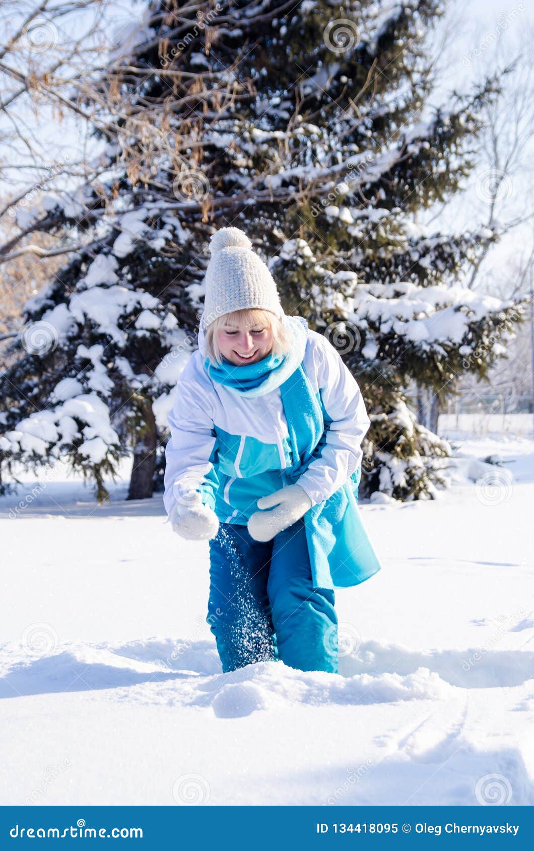 Beautiful Smiling Blonde Girl Playing Snowballs Stock Image - Image of ...