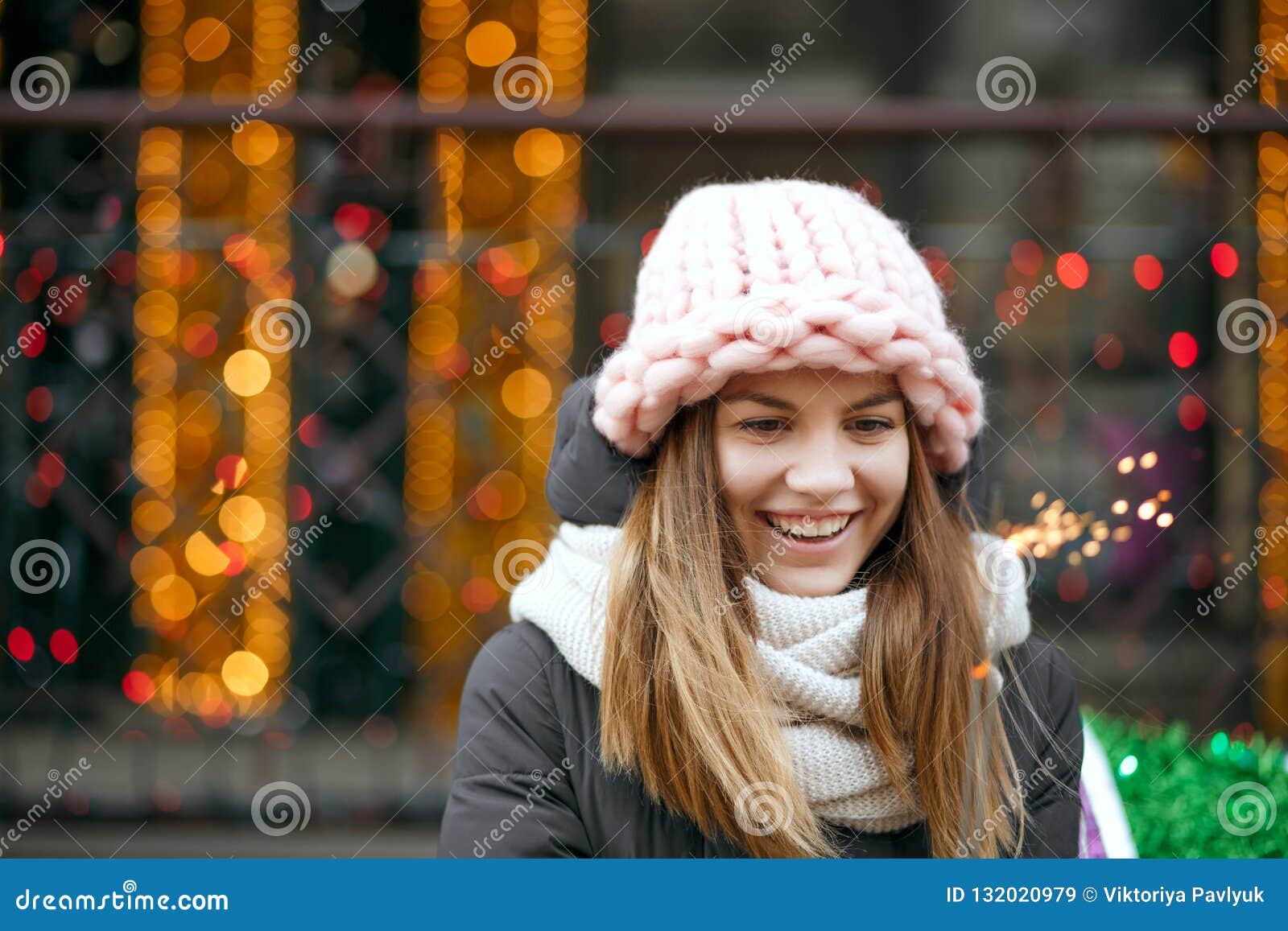 Beautiful Smiling Blonde Girl Wearing Winter Outfit Celebrating Stock ...