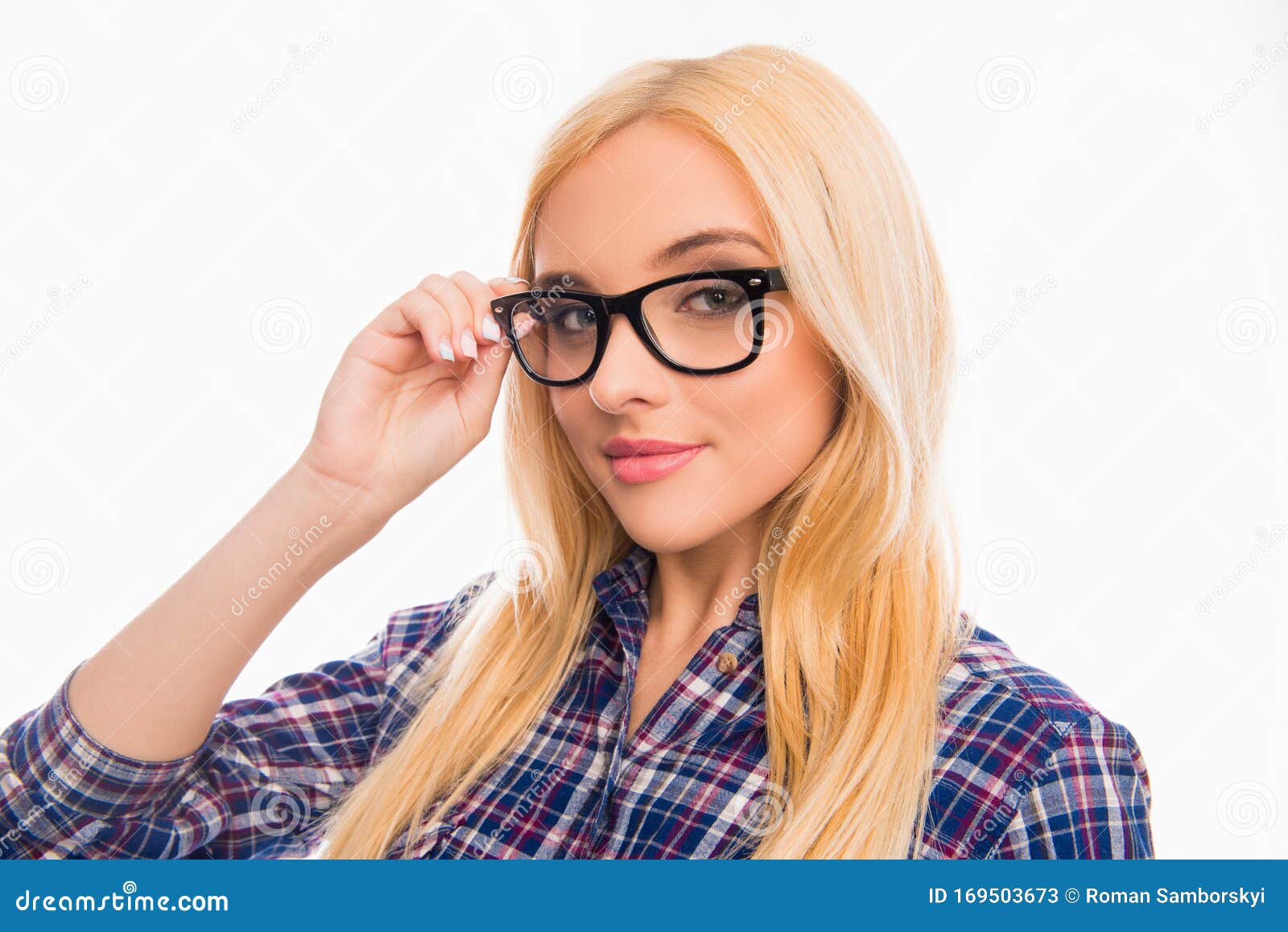 Beautiful Smiling Blonde Touching Glasses On White Background Stock 