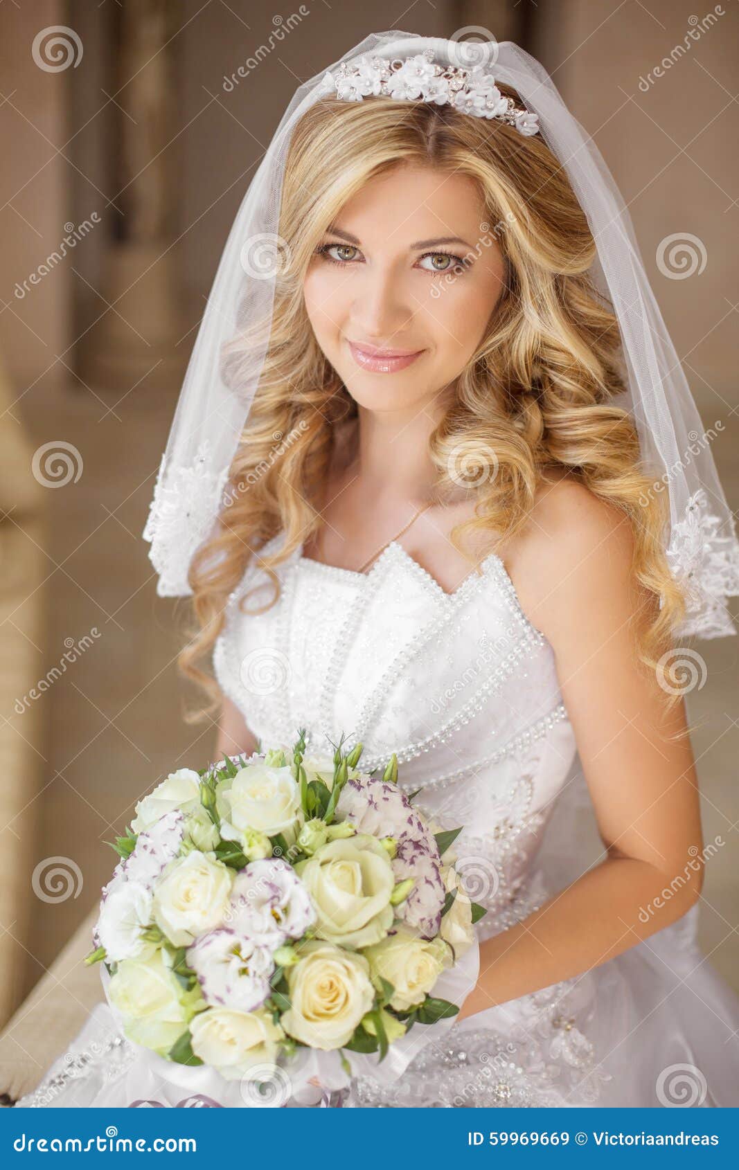 Beautiful Smiling Bride Woman With Bouquet Of Flowers Beautiful Smiling Bride Woman With Bouquet Of Flowers
