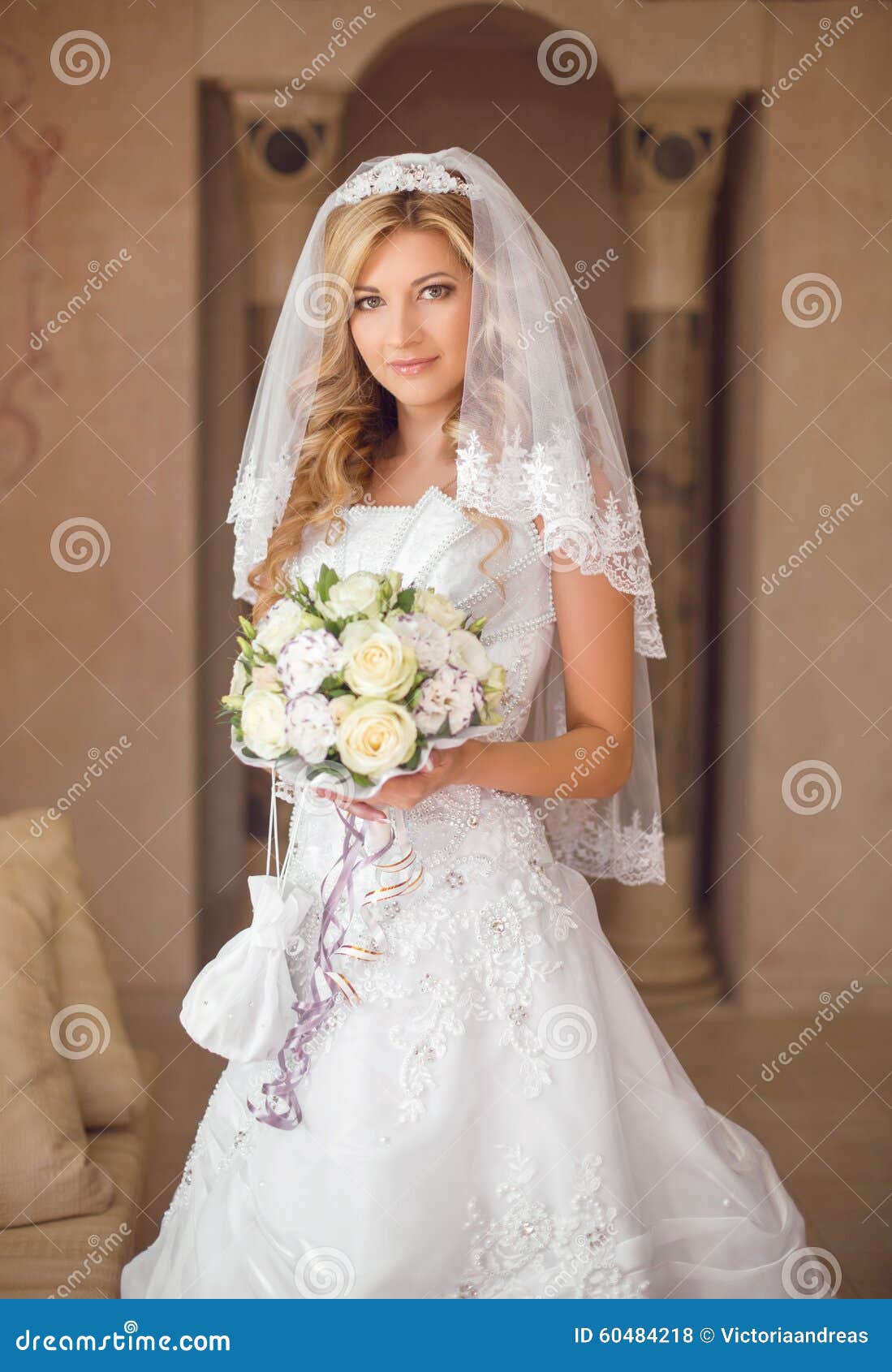 Beautiful Smiling Bride Woman With Bouquet Of Flowers 