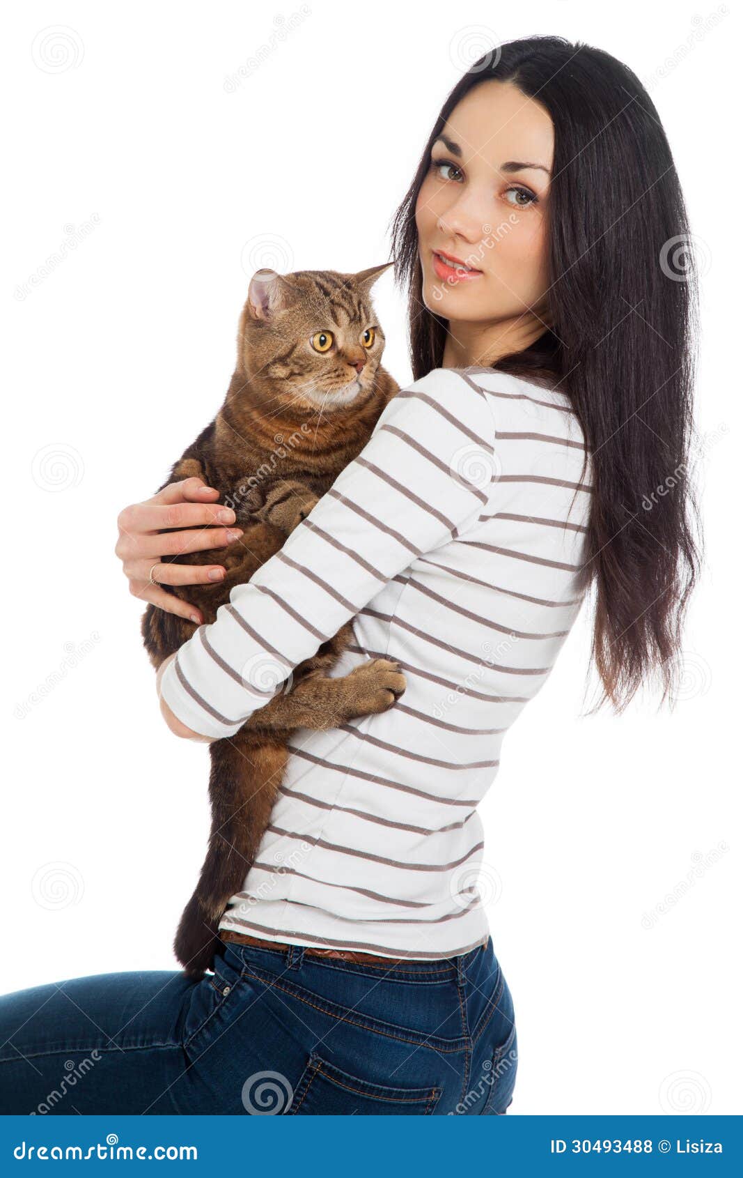 Beautiful Smiling Brunette Girl And Her Ginger Cat Stock Photo Image Of Beast Background
