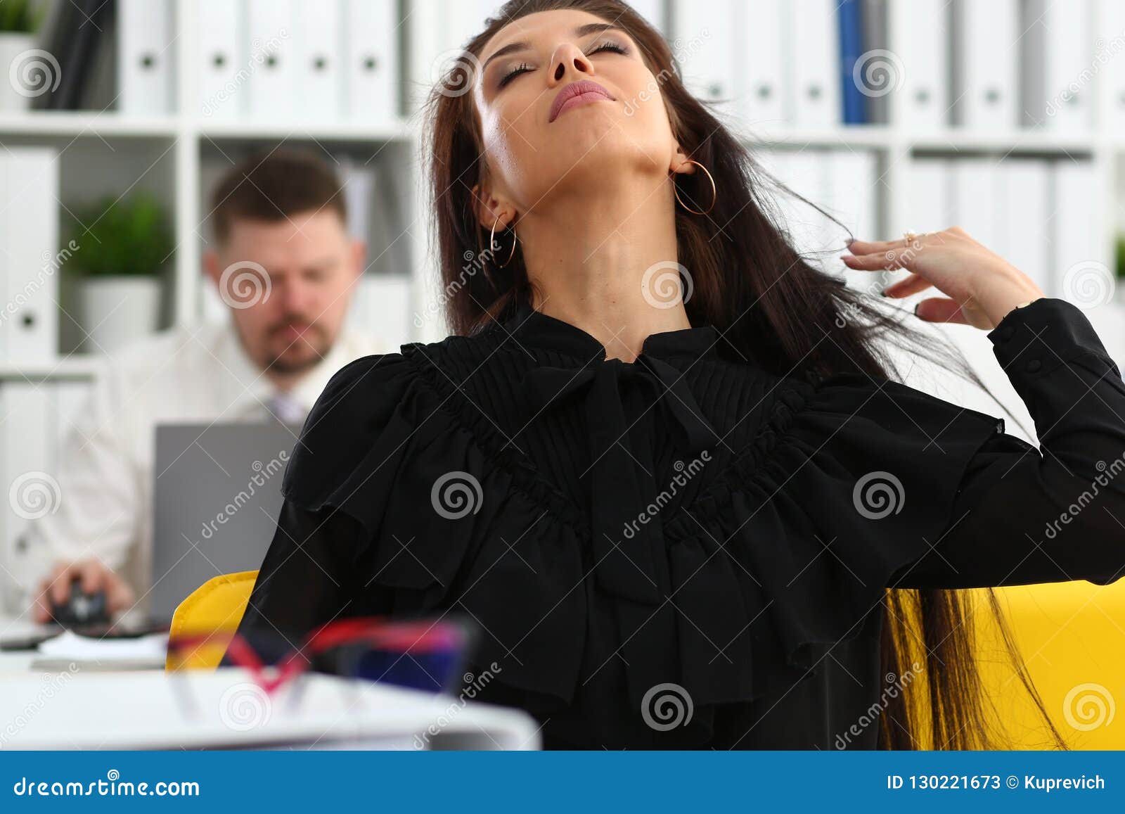 Beautiful Smiling Brunette Woman In Office Tidying Hair Stock Image Image Of Clerk Assistant