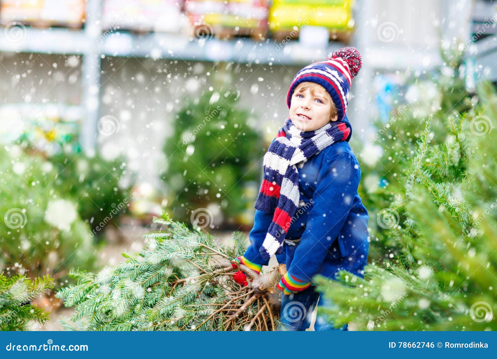 Beautiful Smiling Little Boy Holding Christmas Tree Stock Photo - Image ...