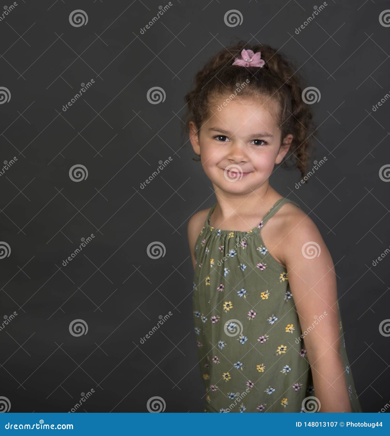Curly Haired Mixed Race Girl In Green Dress Stock Image Image Of