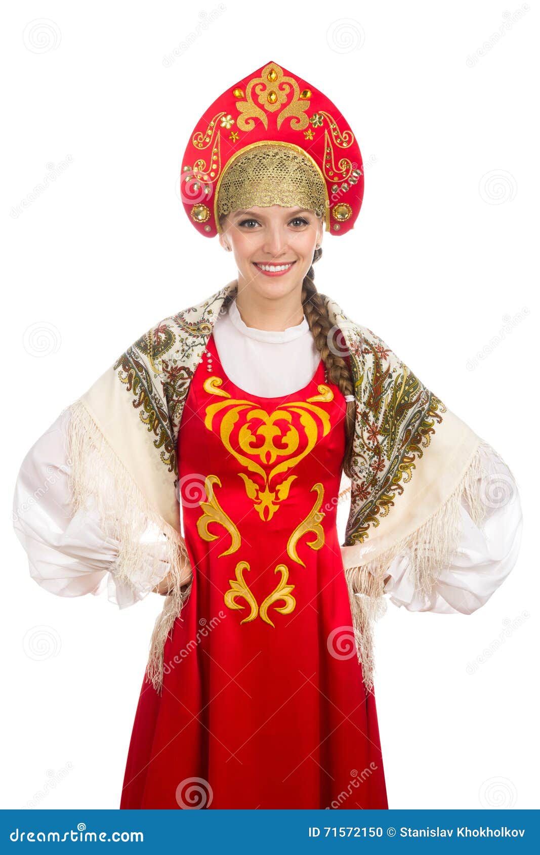 Beautiful Smiling Russian Girl in Folk Costume Stock Photo - Image of ...