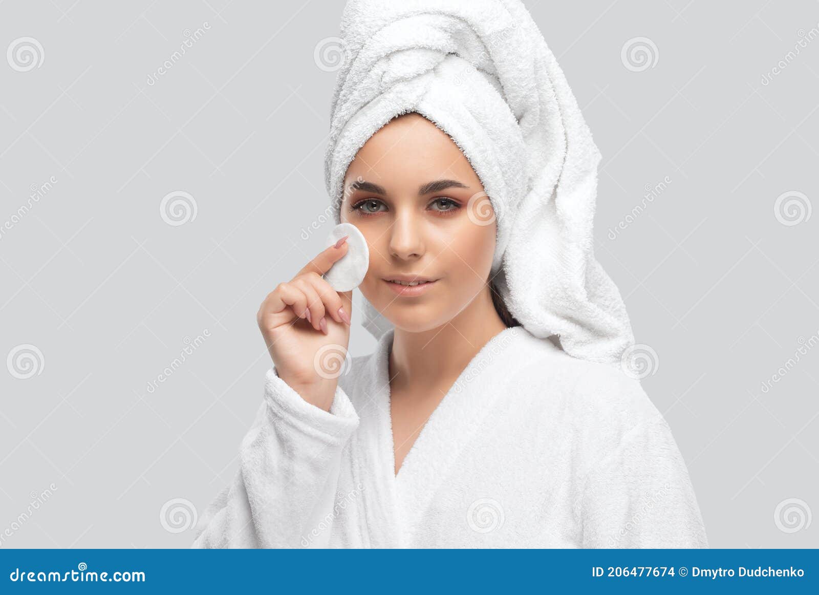 Beautiful Smiling Woman With Clean Skin Holds A Cotton Pad She Cleanses The Skin With A Tonic