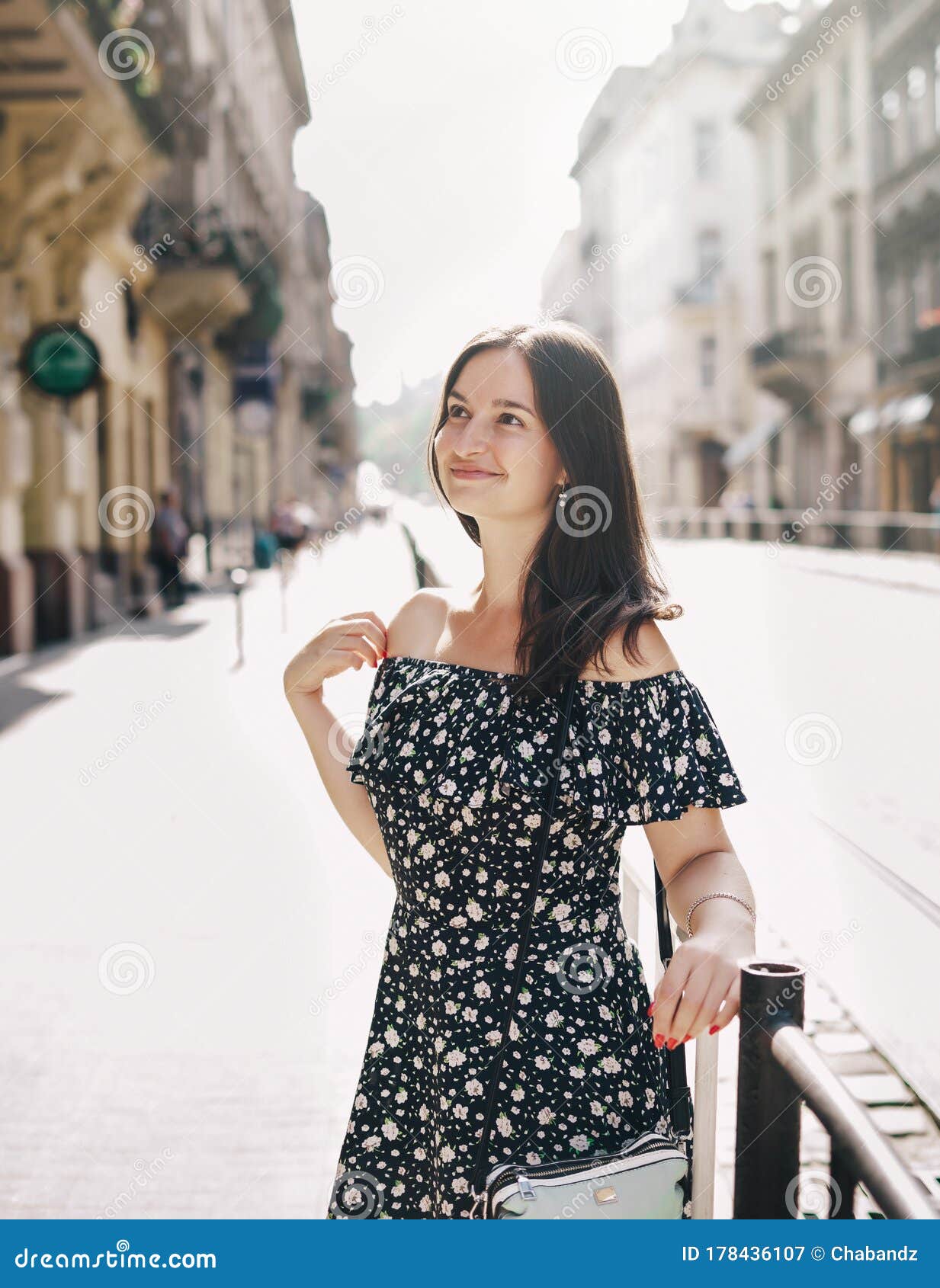 Beautiful Smiling Woman Walking on Crowded City Street. Stock Image ...