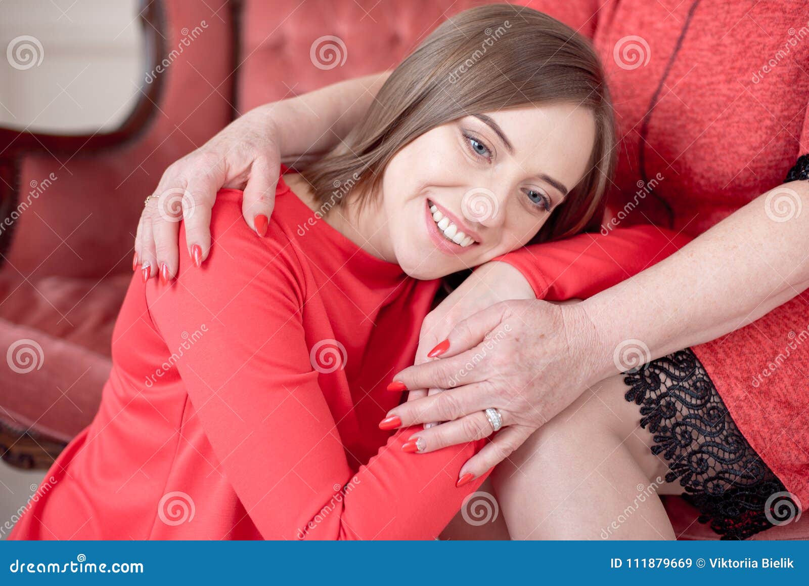 Beautiful Smiling Woman Leaning On Mother Knees Stock Image Image Of