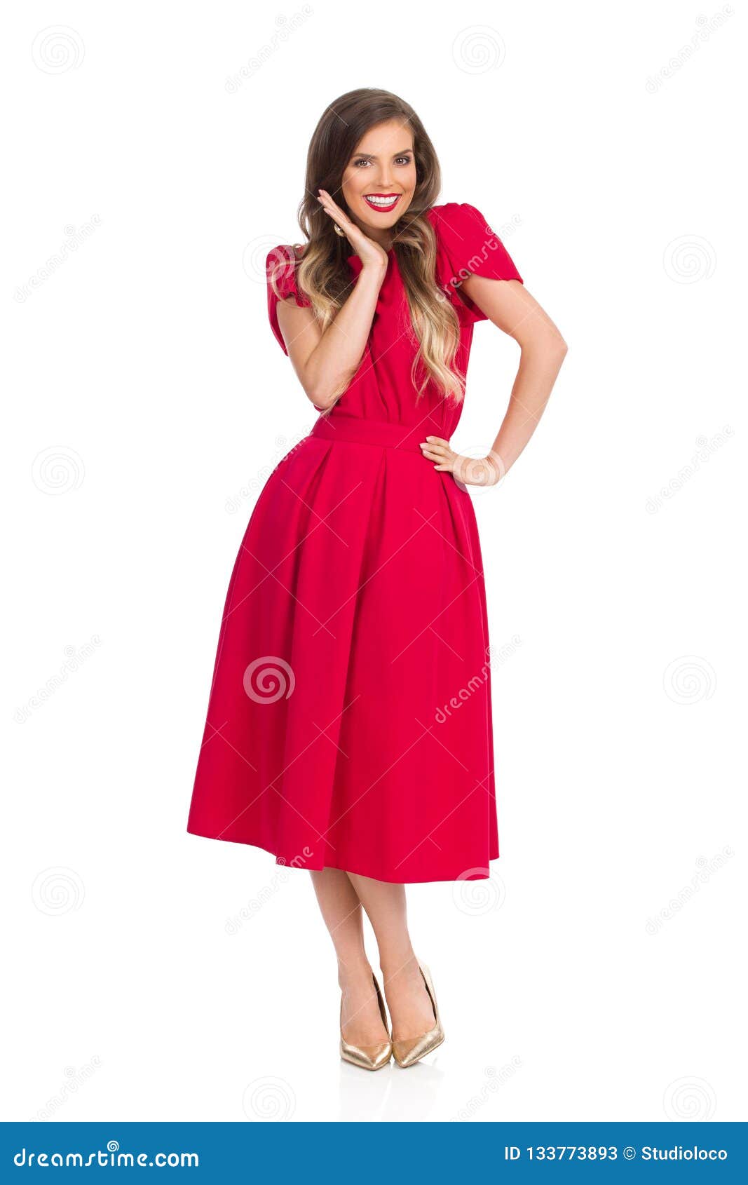 Beautiful Smiling Young Woman in Red Dress and High Heels Stock Image ...