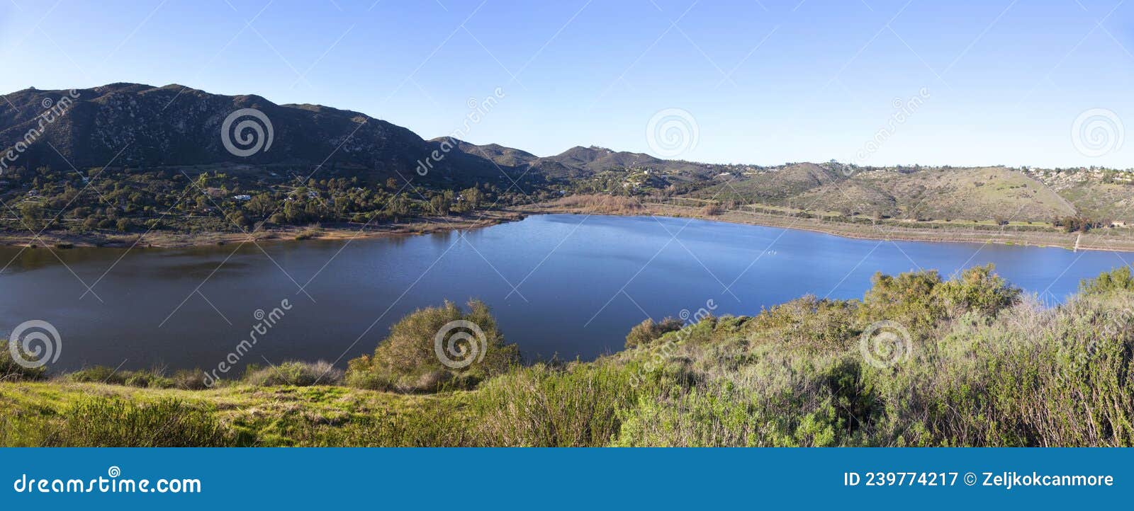 lake hodges panoramic landscape from fletcher point in san dieguito river park