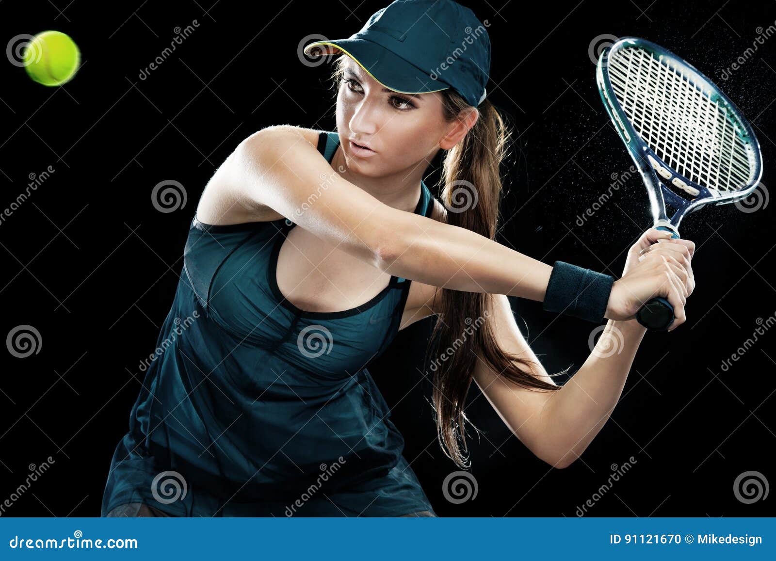 Beautiful Sport Woman Tennis Player with Racket in Blue Costume 