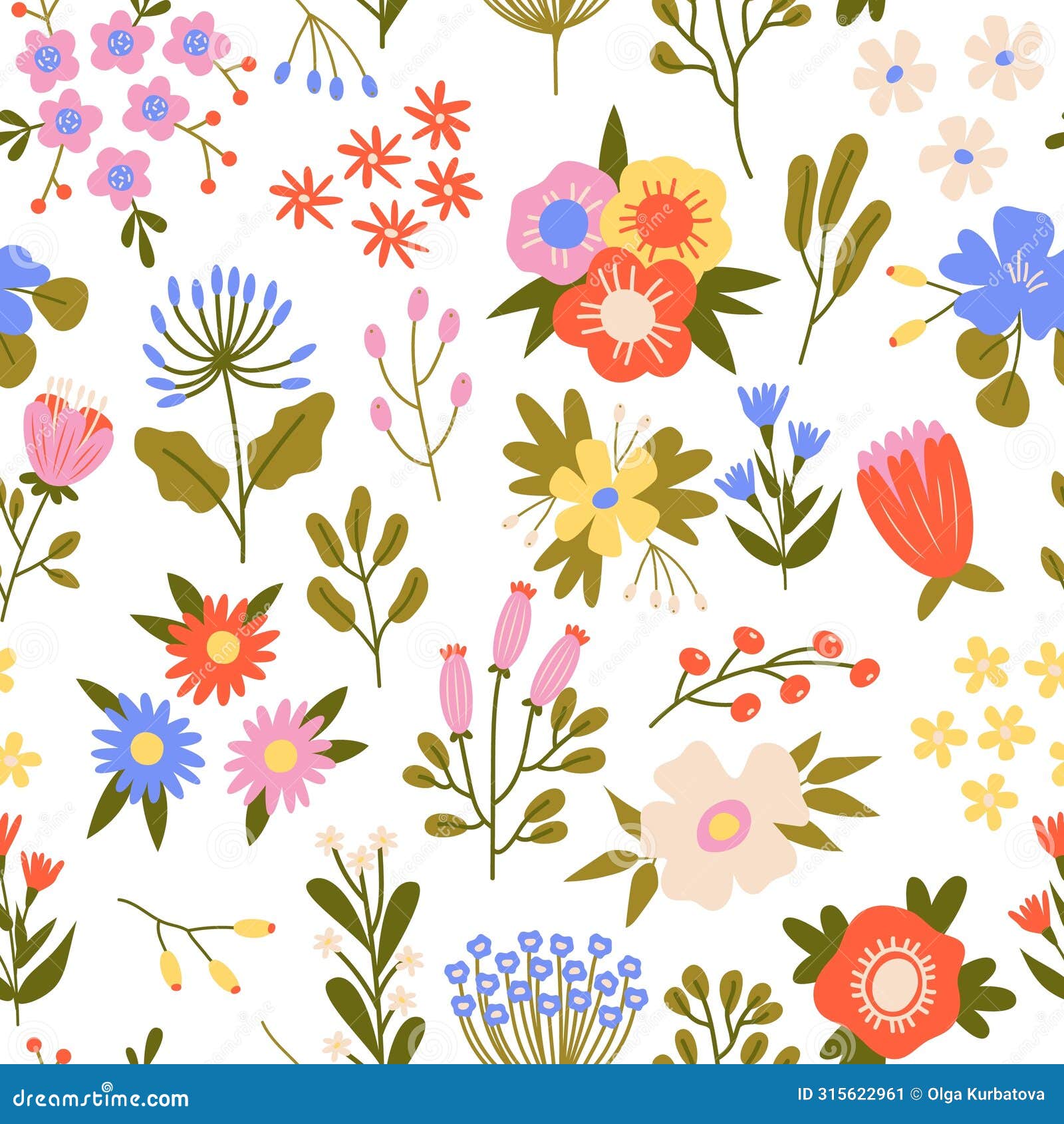 beautiful spring flowers seamless pattern. cute repeated plants, color cartoon flora, blooming nature, wildflowers