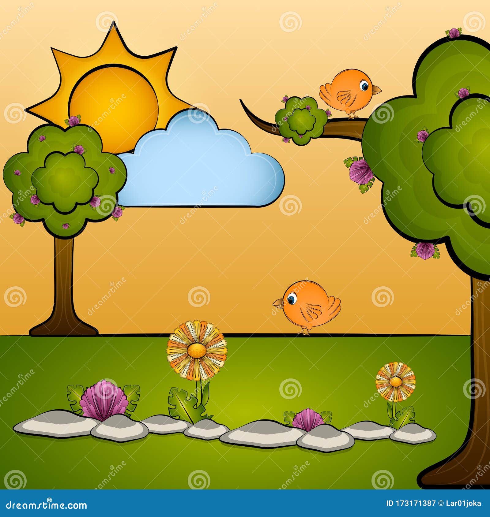 Beautiful Spring Landscape Cartoon Stock Vector - Illustration of  landscape, sunset: 173171387
