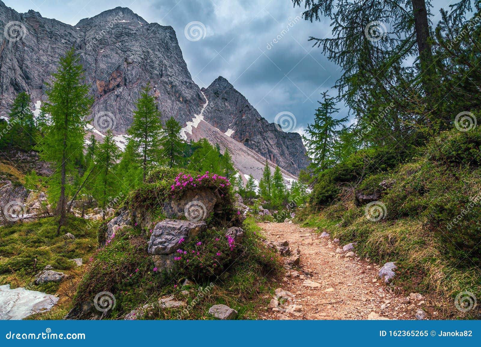 beautiful spring landscape with hiking trail in julian alps, slovenia