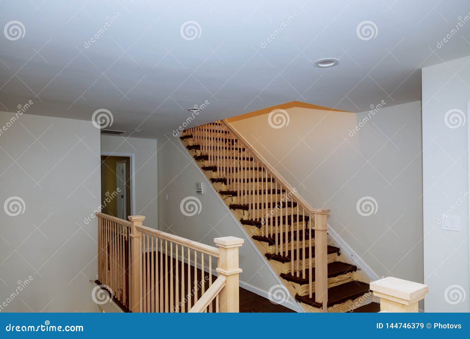 Beautiful Stair Railing And Carpeted Steps In House Stock