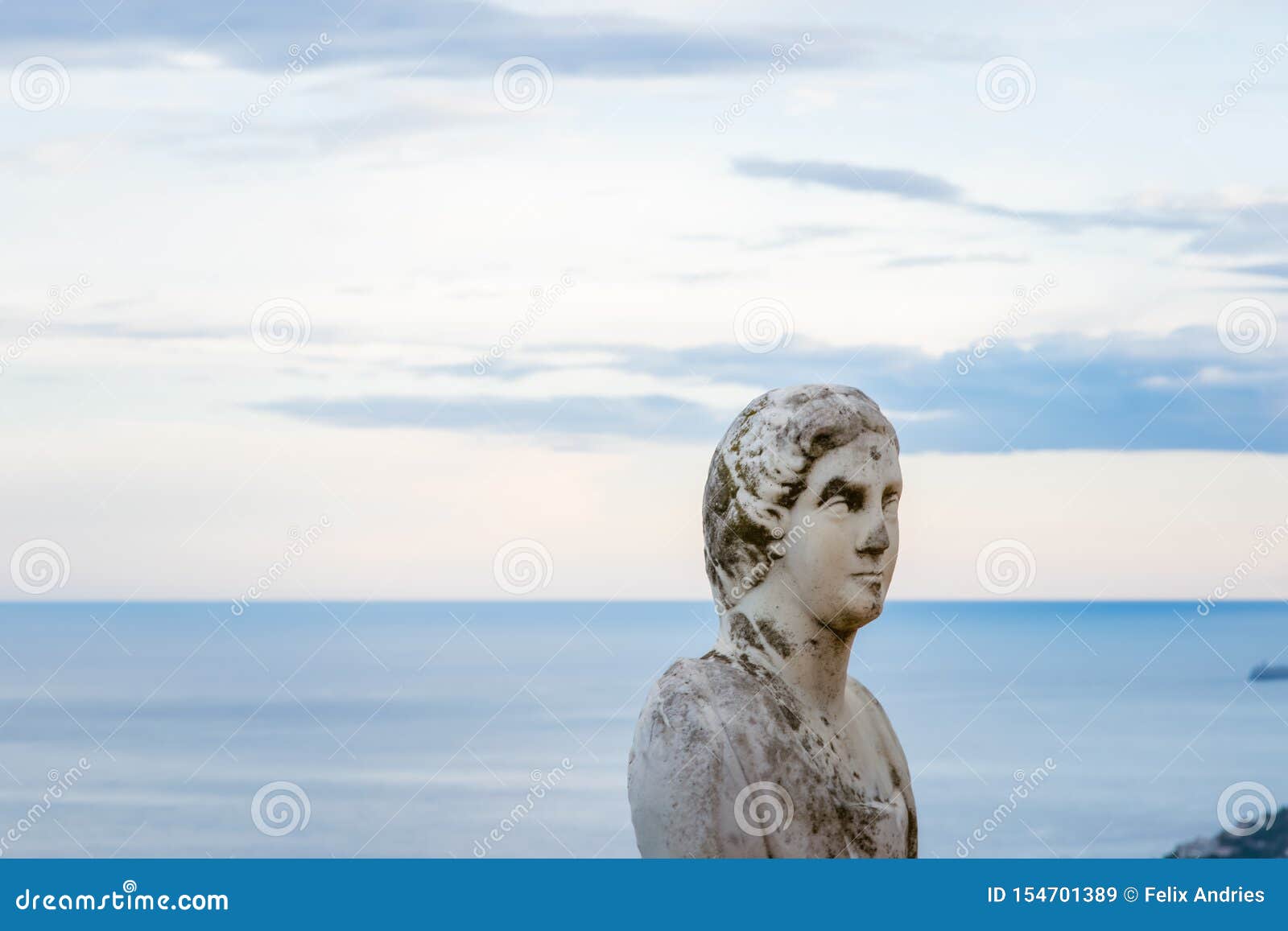 beautiful statue from the belvedere, the so-called terrazza dell`infinito, the terrace of infinity seen on the sunset, villa cimbr