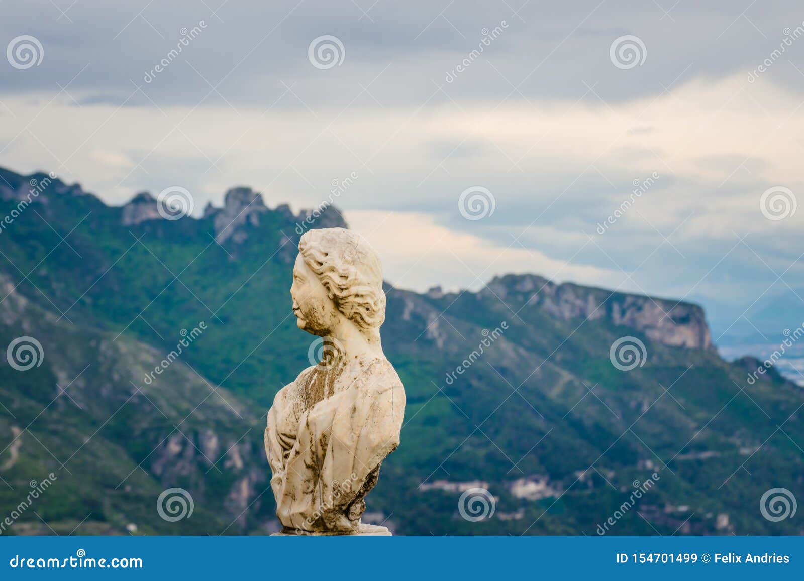 beautiful statue from the belvedere, the so-called terrazza dell`infinito, the terrace of infinity seen on the sunset, villa cimbr