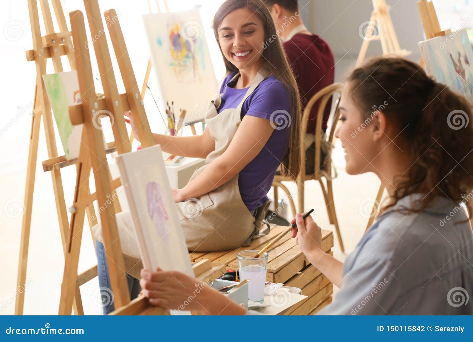 Beautiful Students during Classes in School of Painters Stock Photo