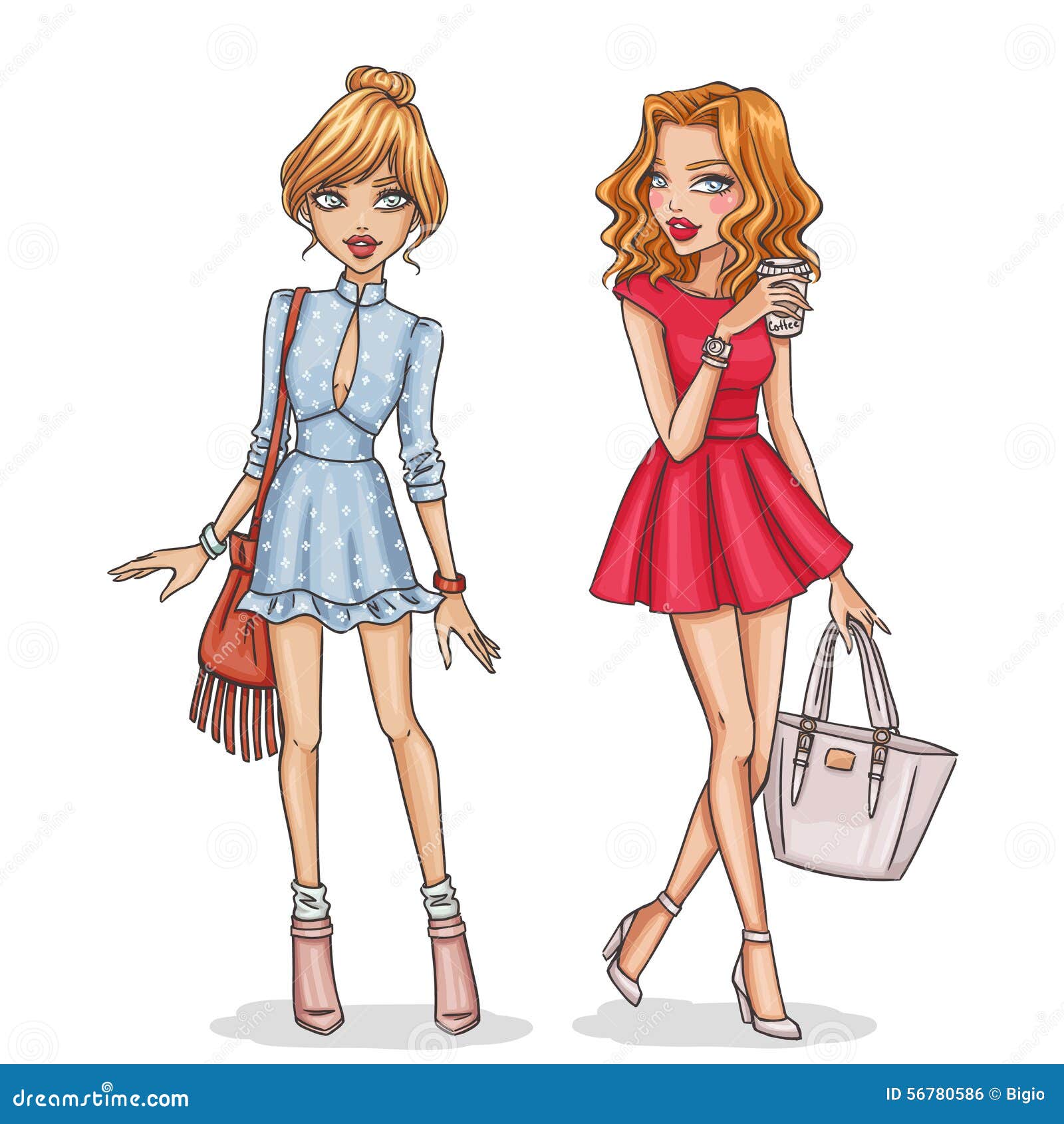 beautiful stylish fashion girls hand drawn spring summer outfits vector illustration 56780586