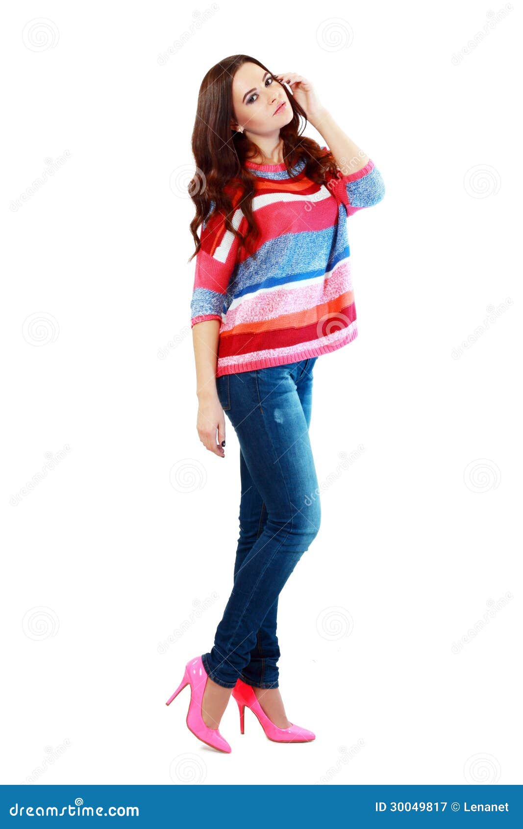 Attractive Girl Long Hair Posing Jeans Isolated Grey Stock Photo by  ©AllaSerebrina 183120490