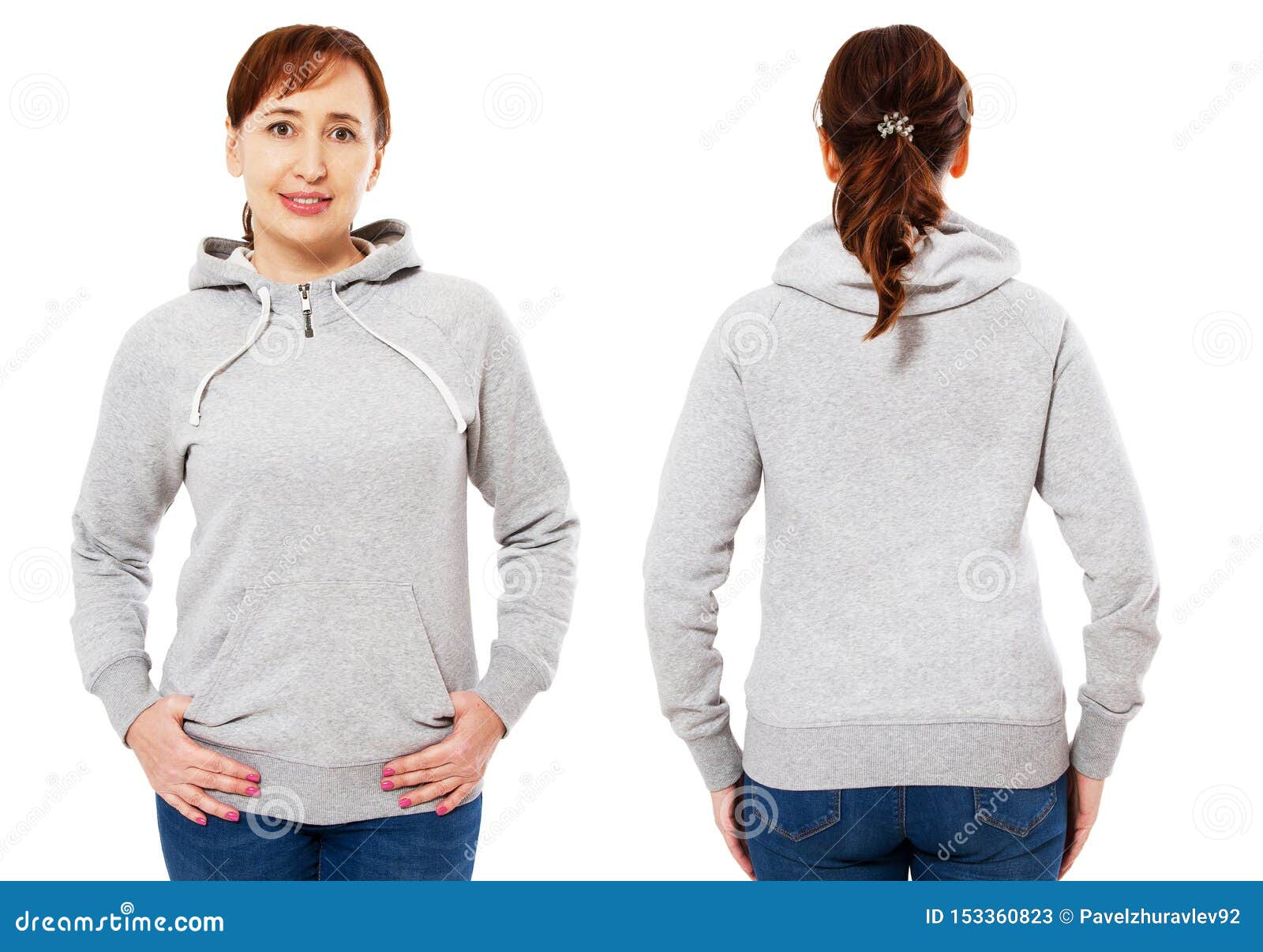 Beautiful Stylish Middle Age Woman In Hoodie Front And Back View White Woman In Sweatshirt Mockup Isolated On White Background Stock Image Image Of Front Jumper 153360823