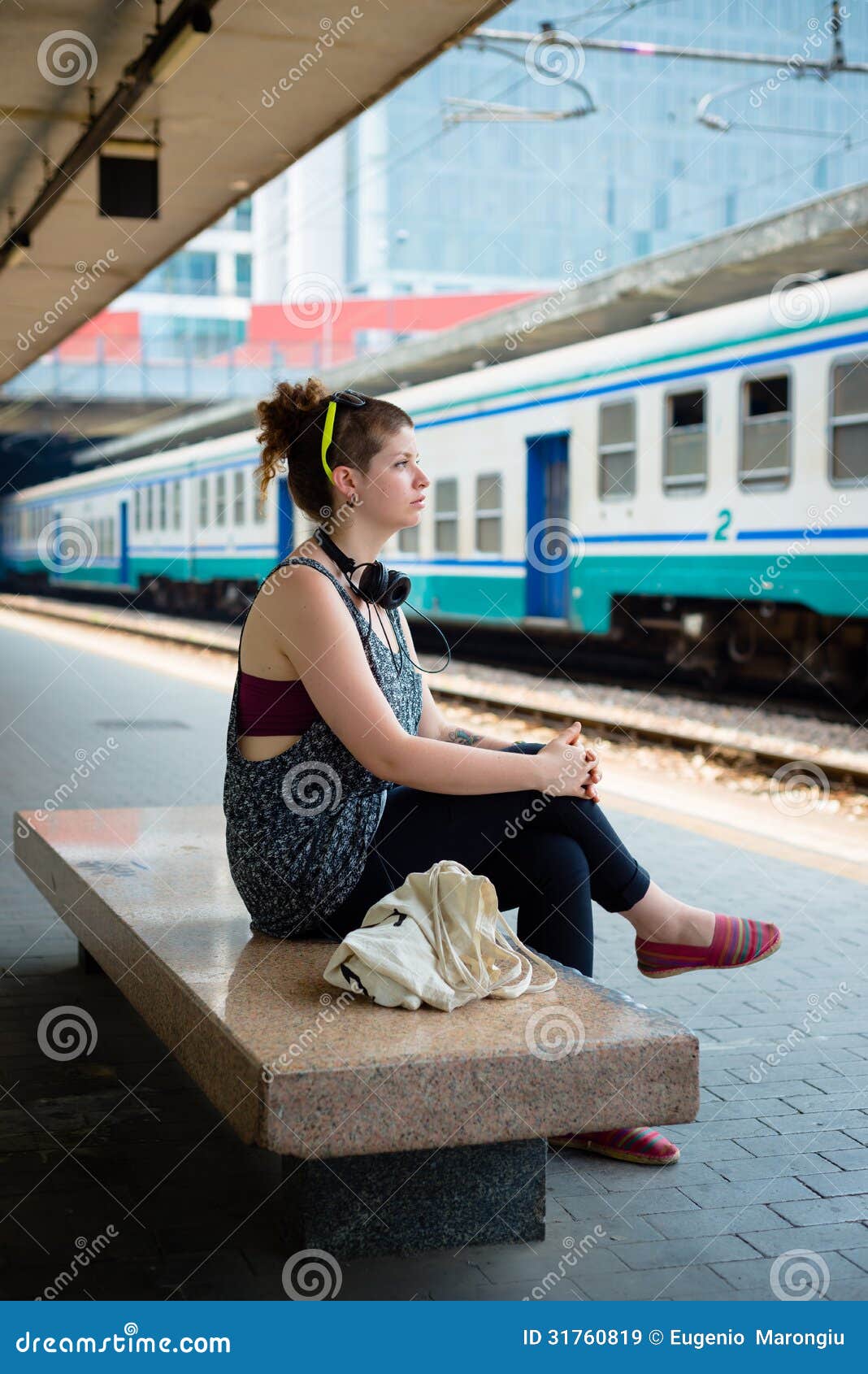 Beautiful Stylish Modern Young Woman Waiting Train Stock 