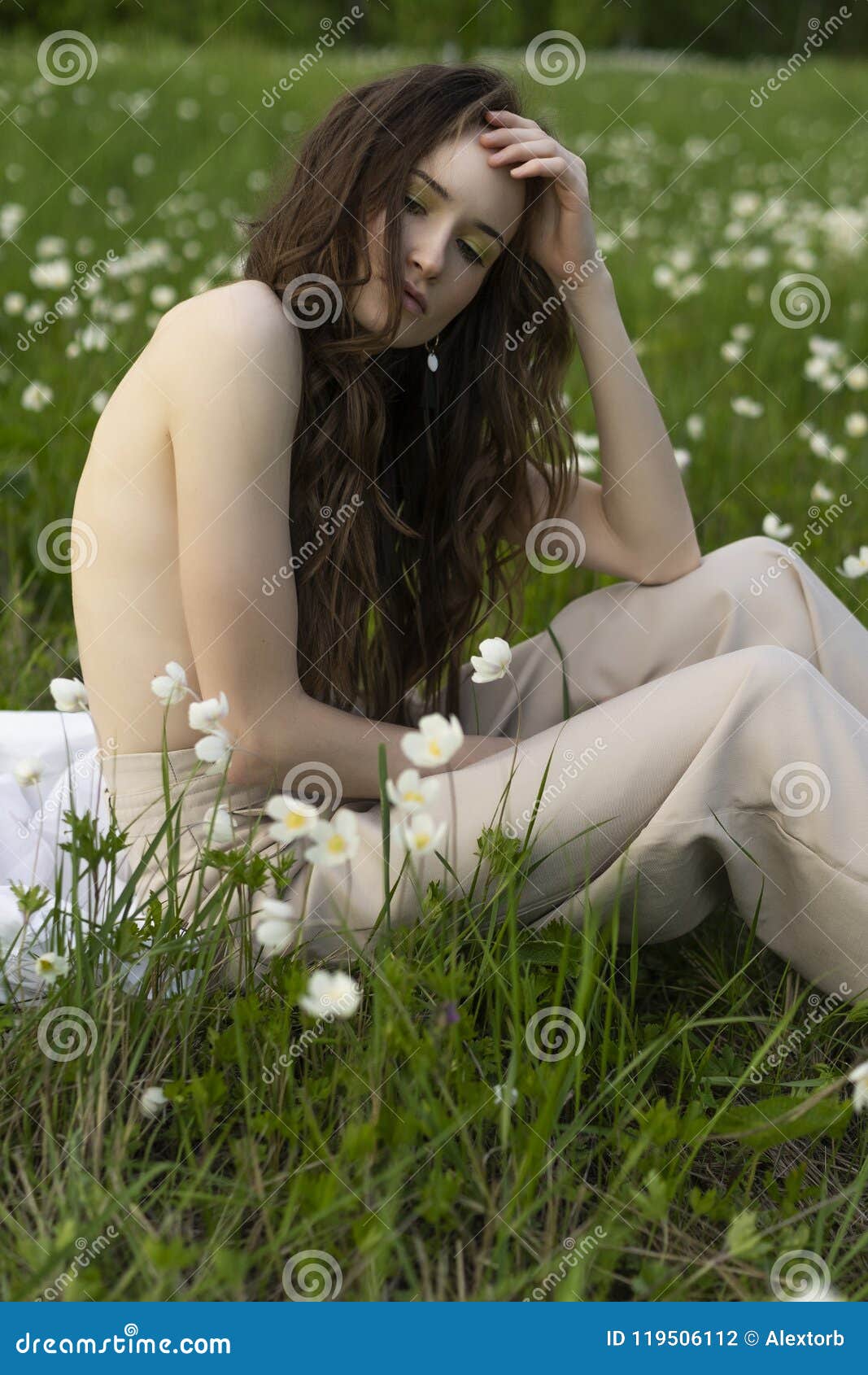 Beautiful Stylish Topless Model Girl Wearing Beige Bloomers Stock Photo