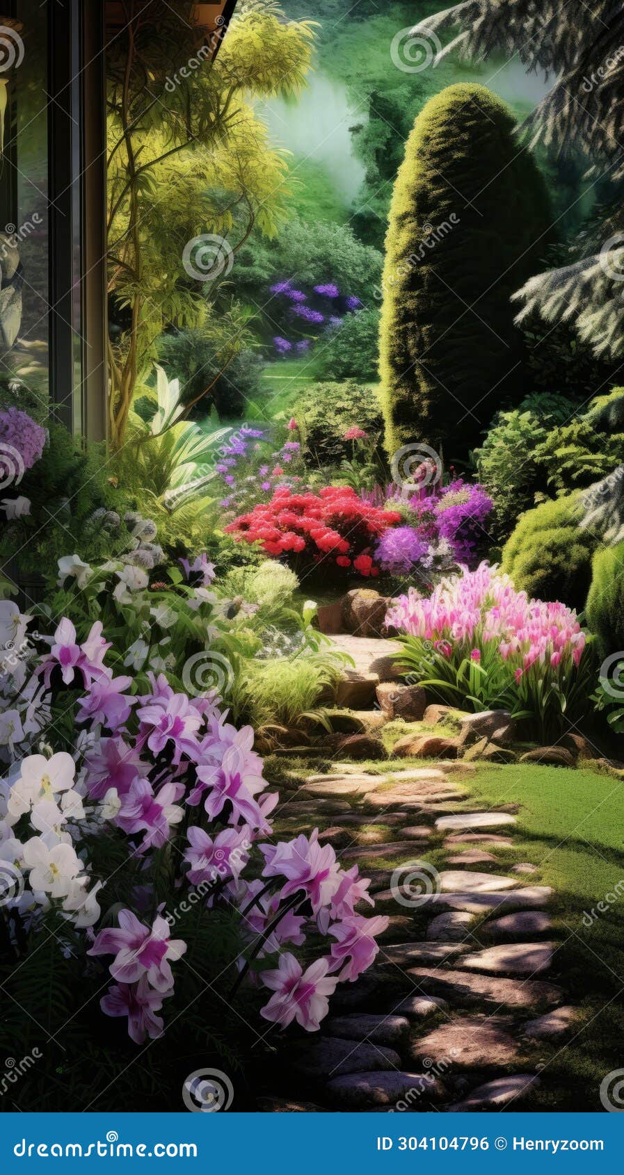 Beautiful Summer Garden with Flowers, Bushes and Stone Path To the ...