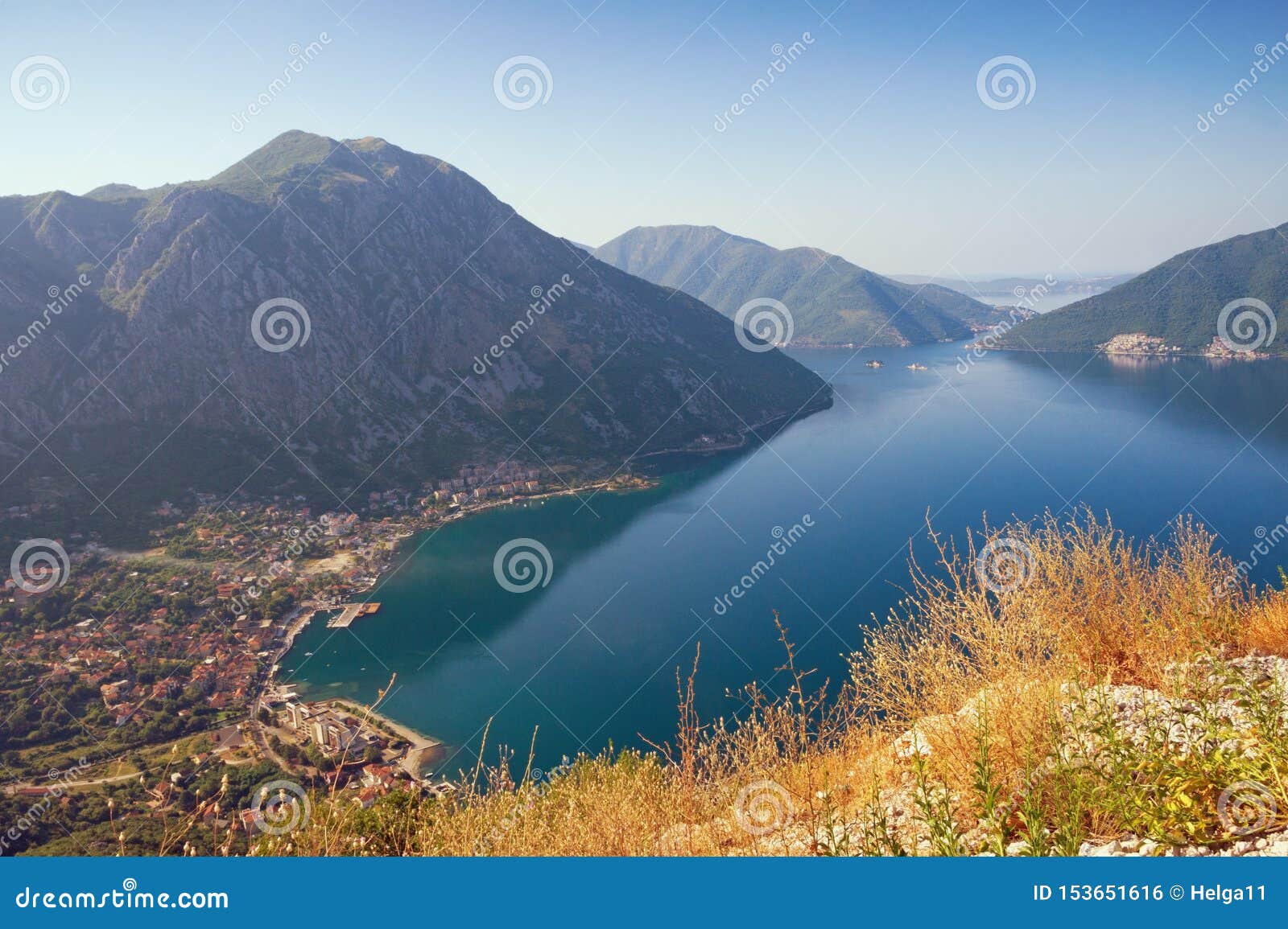 beautiful summer mediterranean landscape. montenegro, view of kotor bay and risan town from a mountain slope