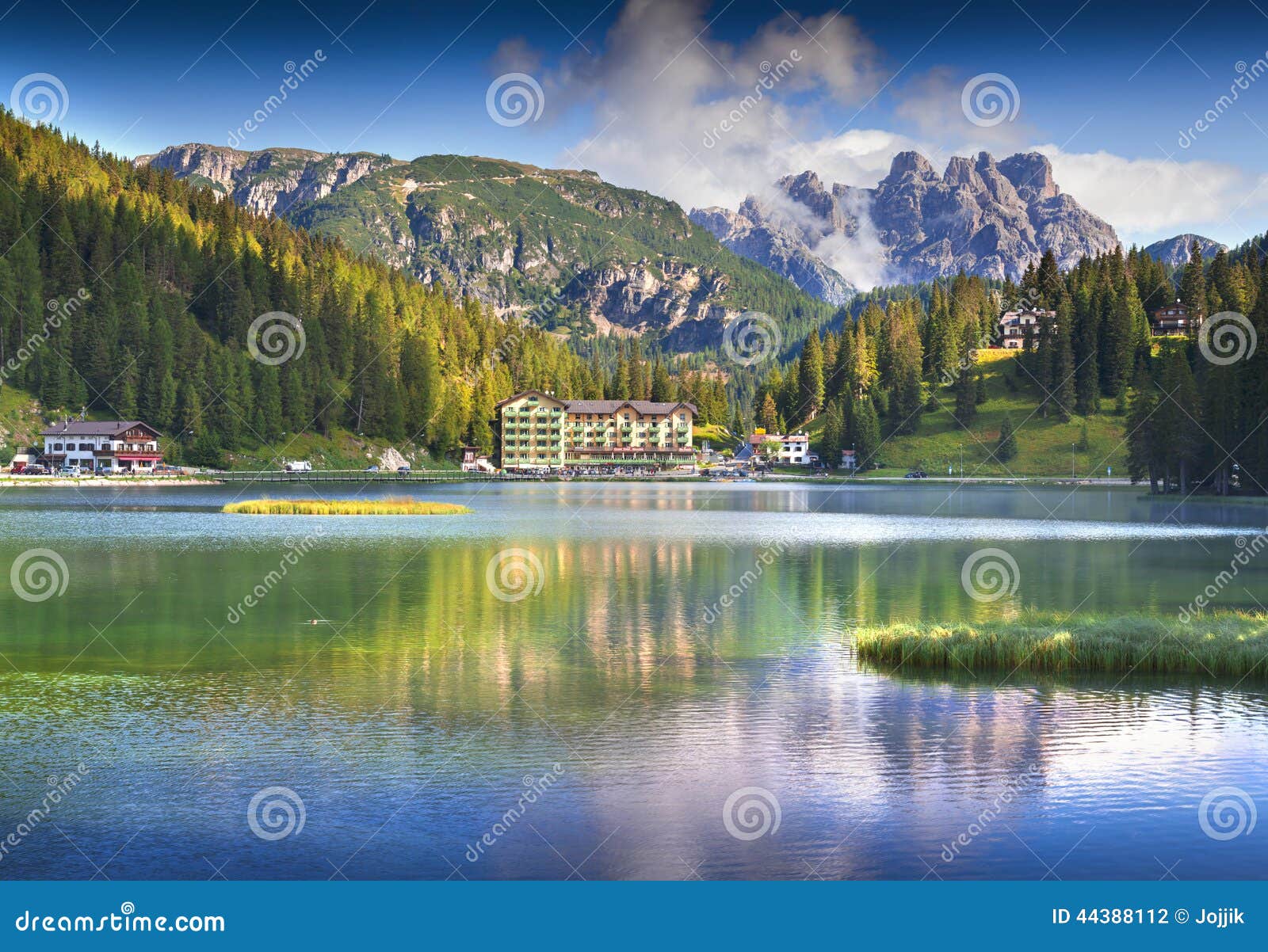 beautiful summer morning on the lake misurina, in italy alps, tr