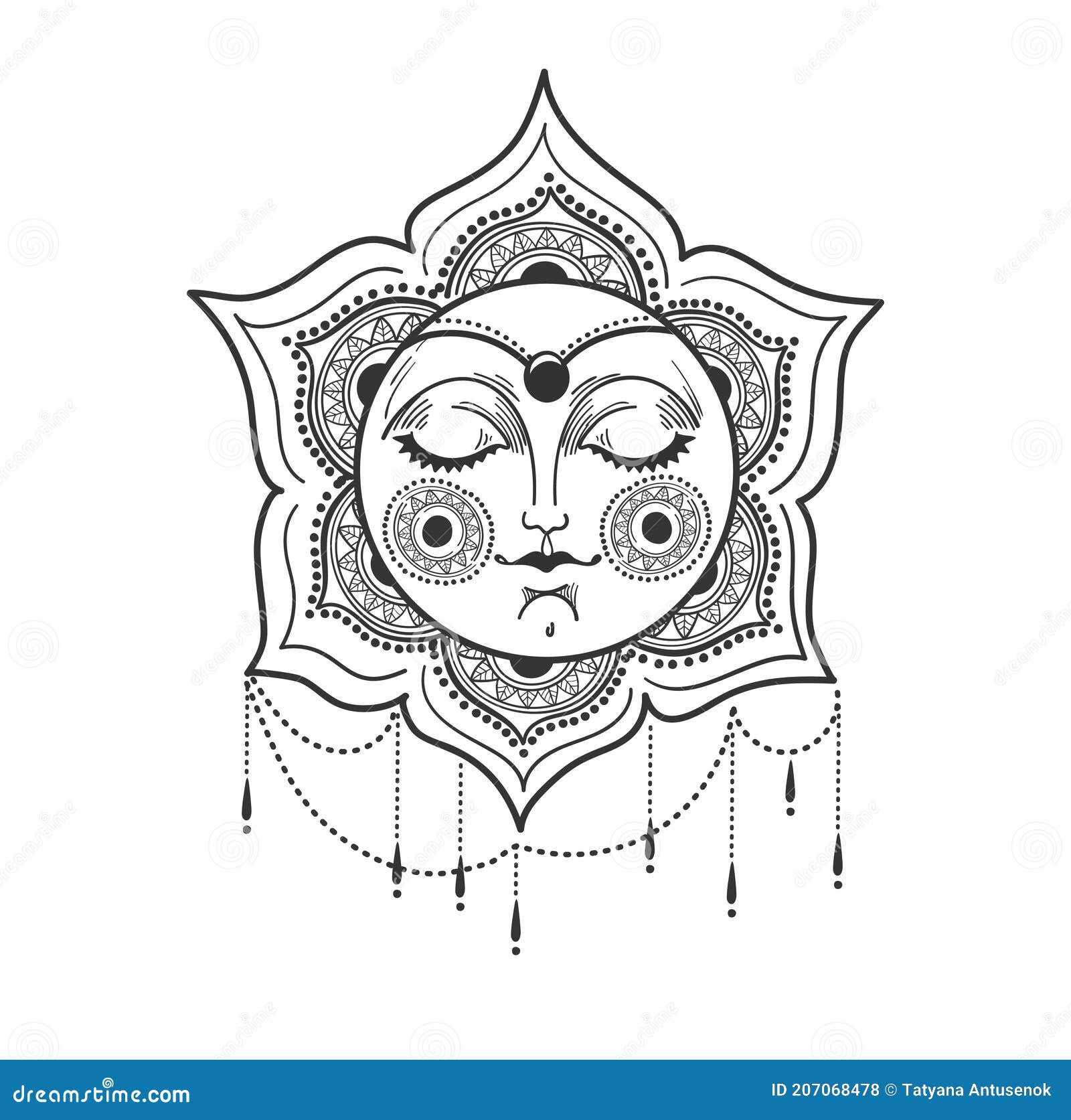 Beautiful Sun With Female Face Jewelry And Mandala Ornament Bohemian Design Tattoo Linear Hand Drawing Isolated On Stock Illustration Illustration Of India Bohemian
