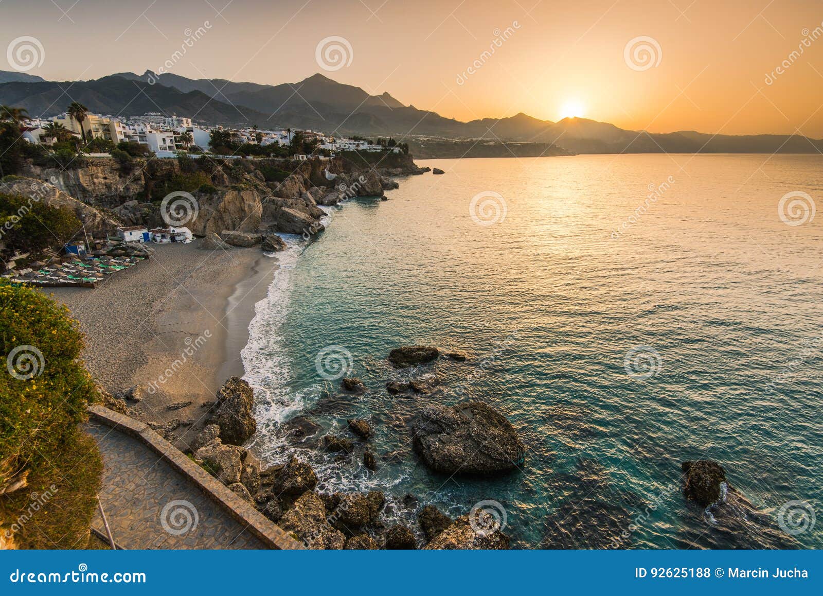 beautiful sunrise over beach in nerja,andalusia,spain