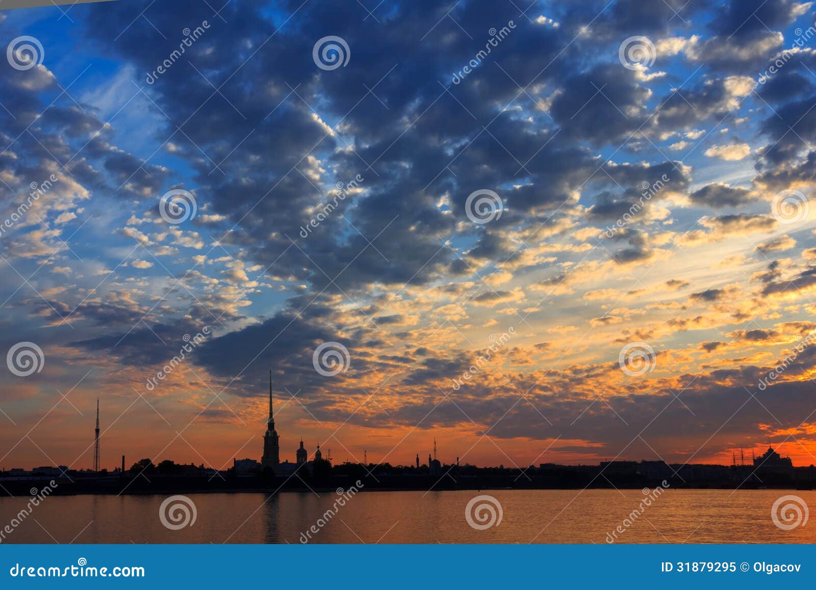 a beautiful sunrise over the neva river, saint-petersburg, russia