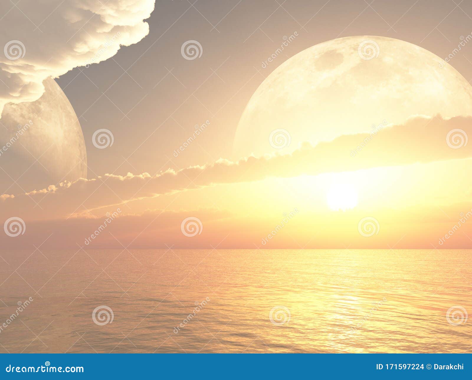 Beautiful Sunrise or Sunset on a Far Away Planet Stock Illustration -  Illustration of horizon, river: 171597224