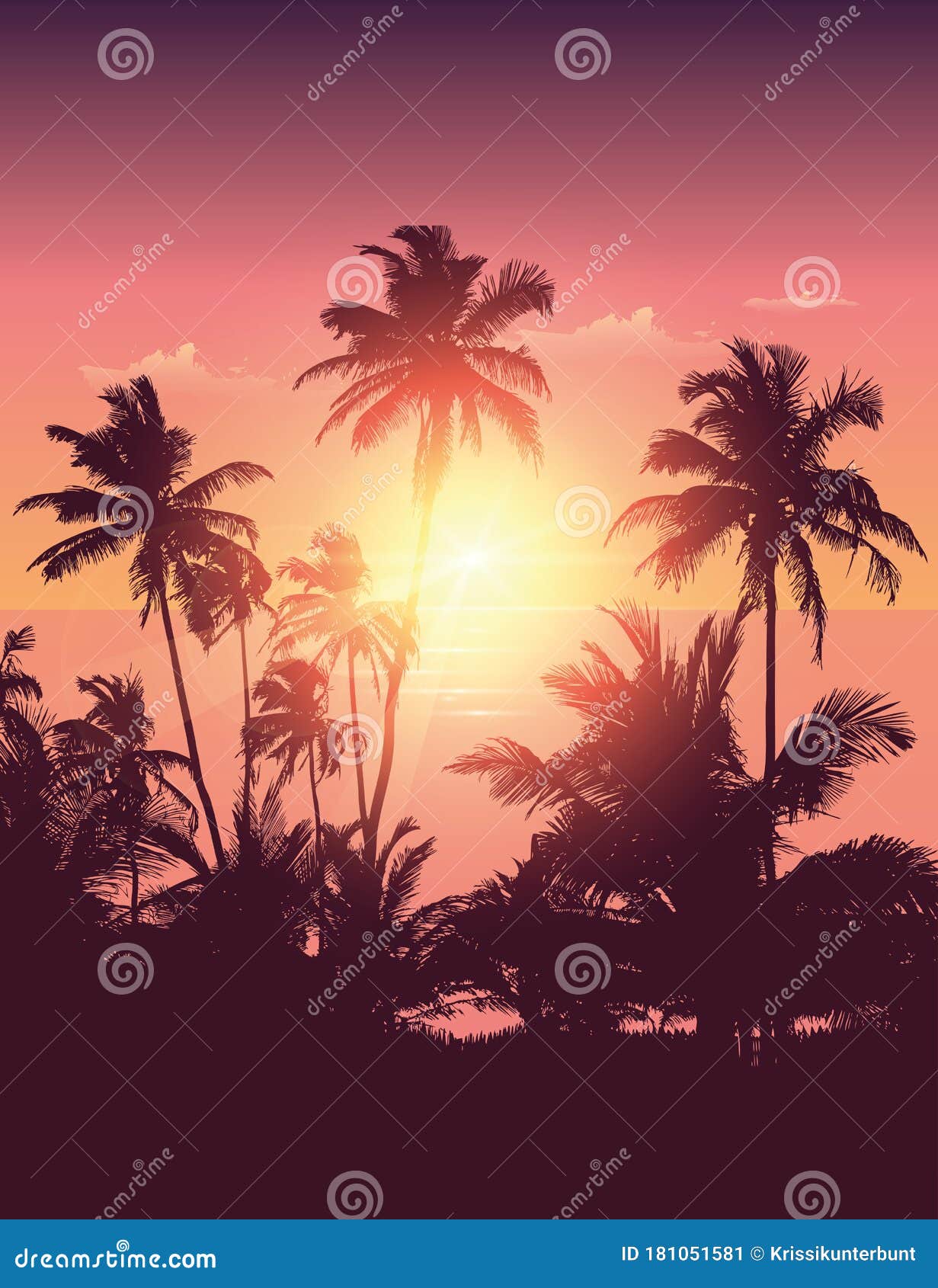 Beautiful Sunset by the Ocean with Palm Silhouette Realistic Landscape ...