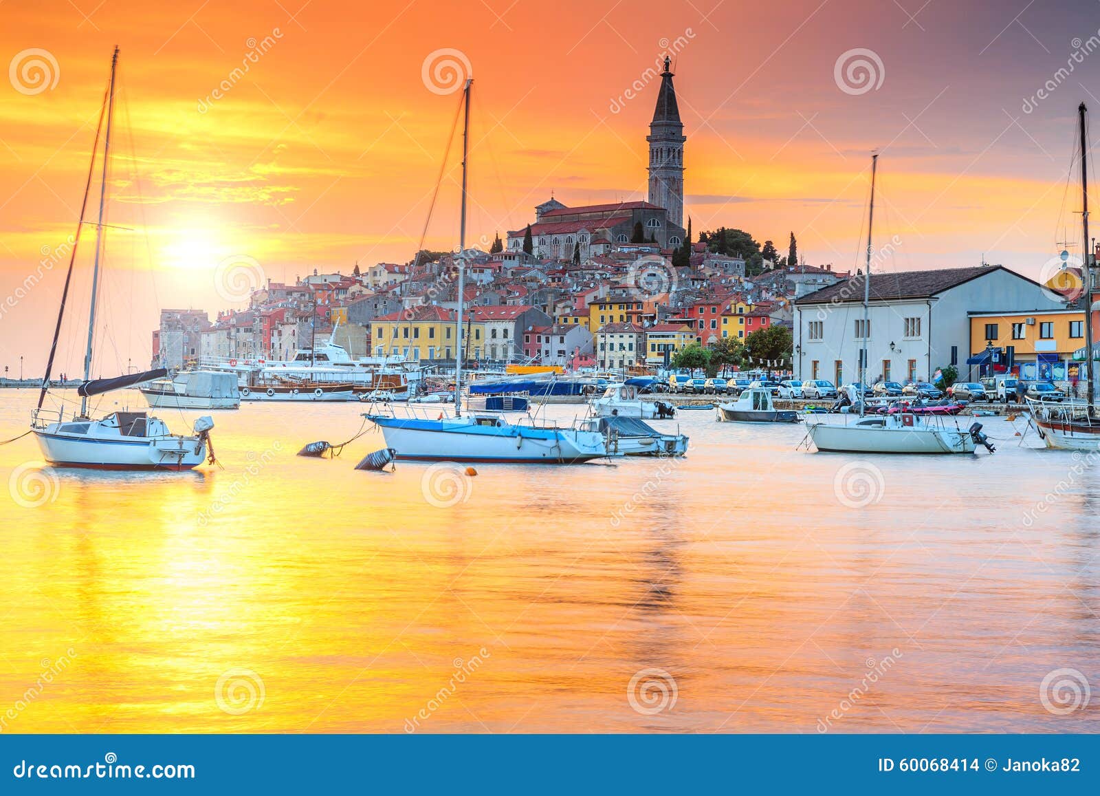 beautiful sunset with rovinj harbor,istria region,croatia,europe